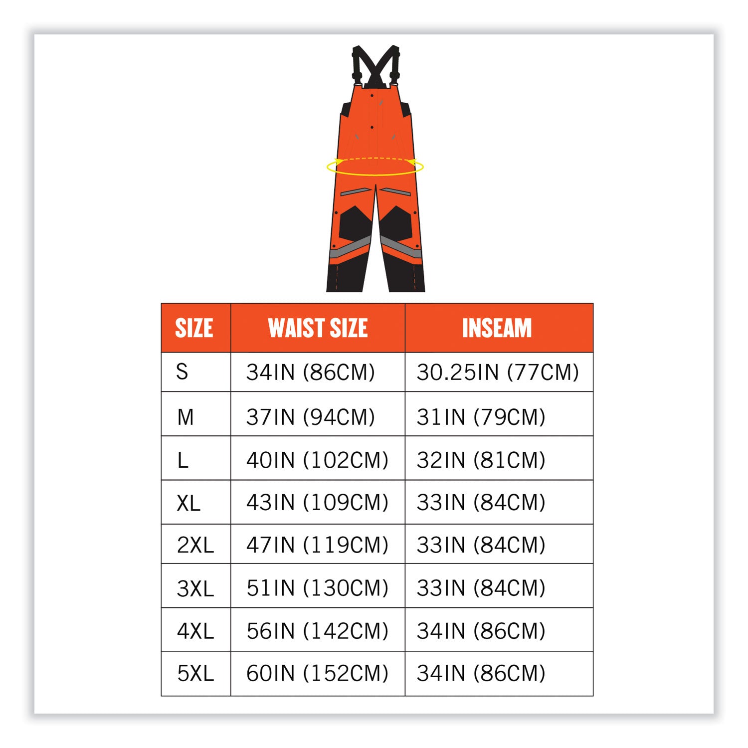 Ergodyne 8928 Hi-Vis Insulated Rain Bibs, Small, Orange/Black, Polyester, 300D Oxford, Polyurethane, 1 Each