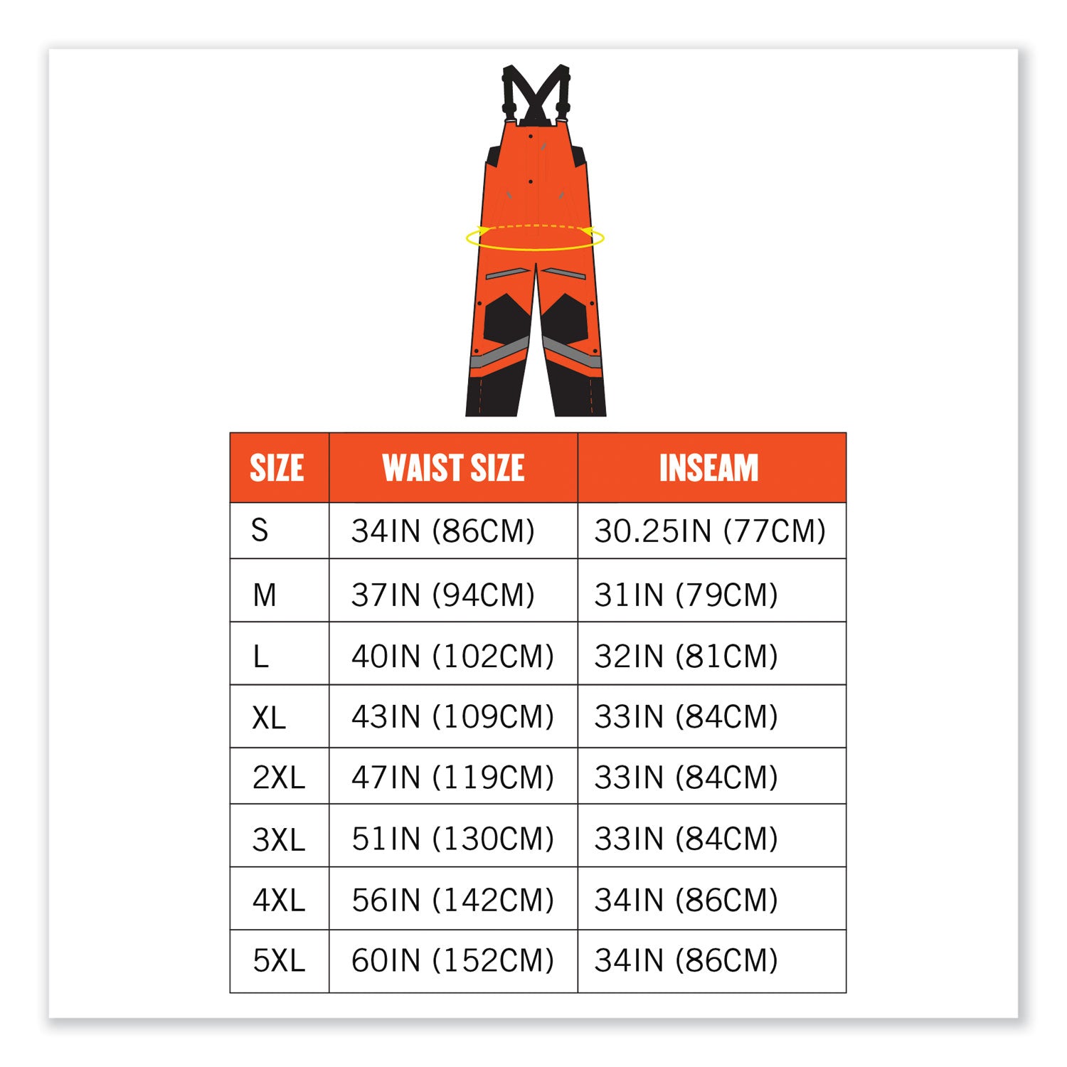 Ergodyne 8928 Hi-Vis Insulated Rain Bibs, Medium, Orange/Black, 300D Oxford Polyester, Polyurethane, 3 Pockets, 1 Each