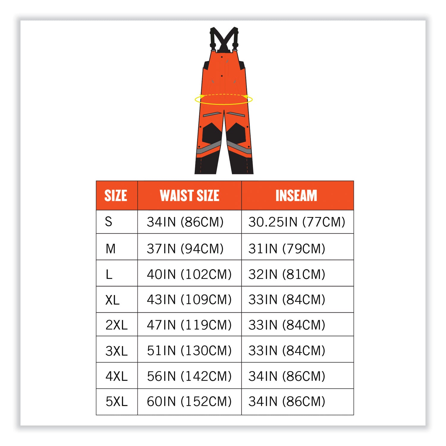 Ergodyne 8928 Hi-Vis Insulated Rain Bibs, Large, Orange/Black, Polyester, 300D Oxford, Polyurethane, 32" Inseam, 41.5" Waist, 3 Pockets, 1 Each