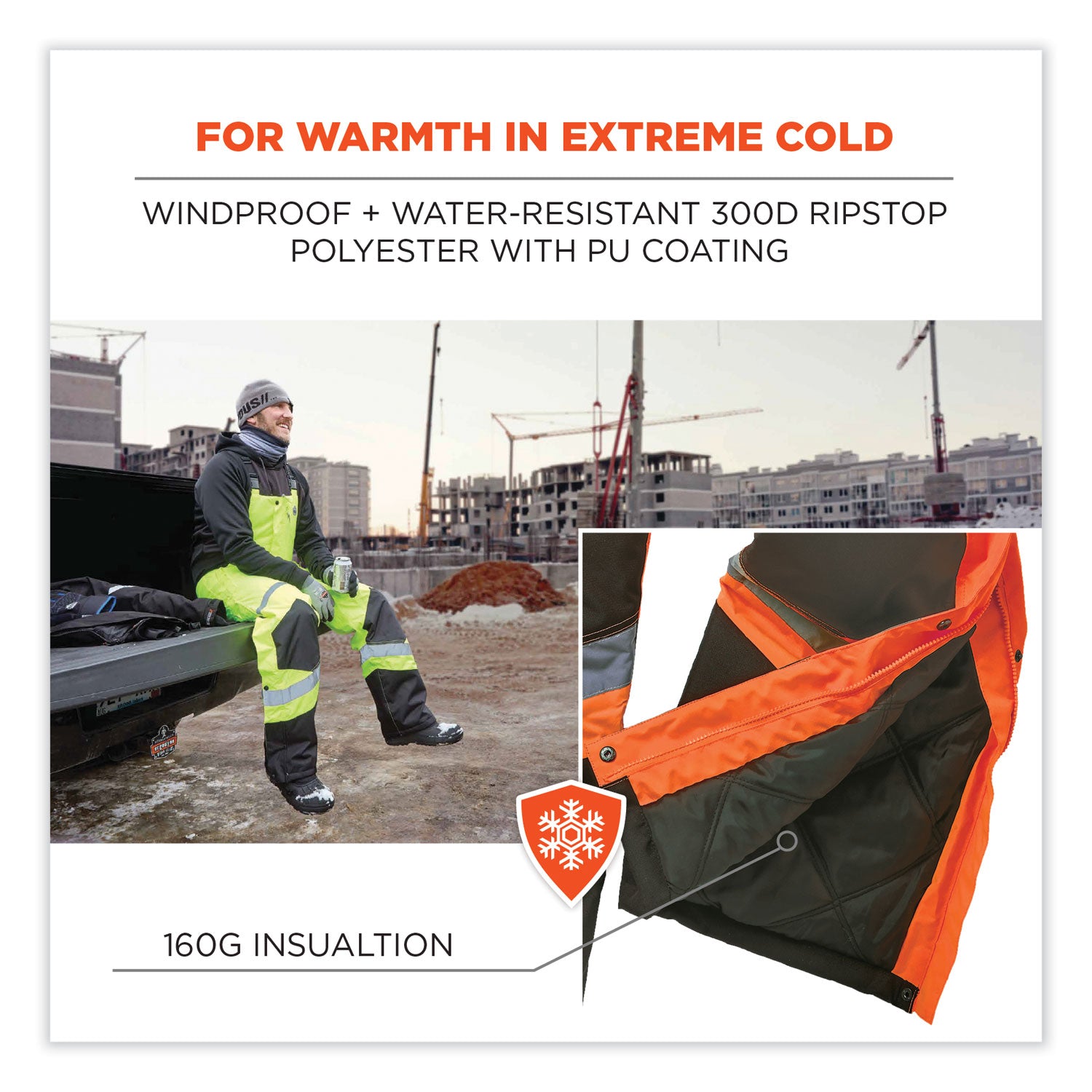 Ergodyne 8928 Hi-Vis Insulated Rain Bibs, X-Large, Orange/Black, Polyester, 300D Oxford, Polyurethane, 300D Ripstop, 3 Pockets, 1 Each