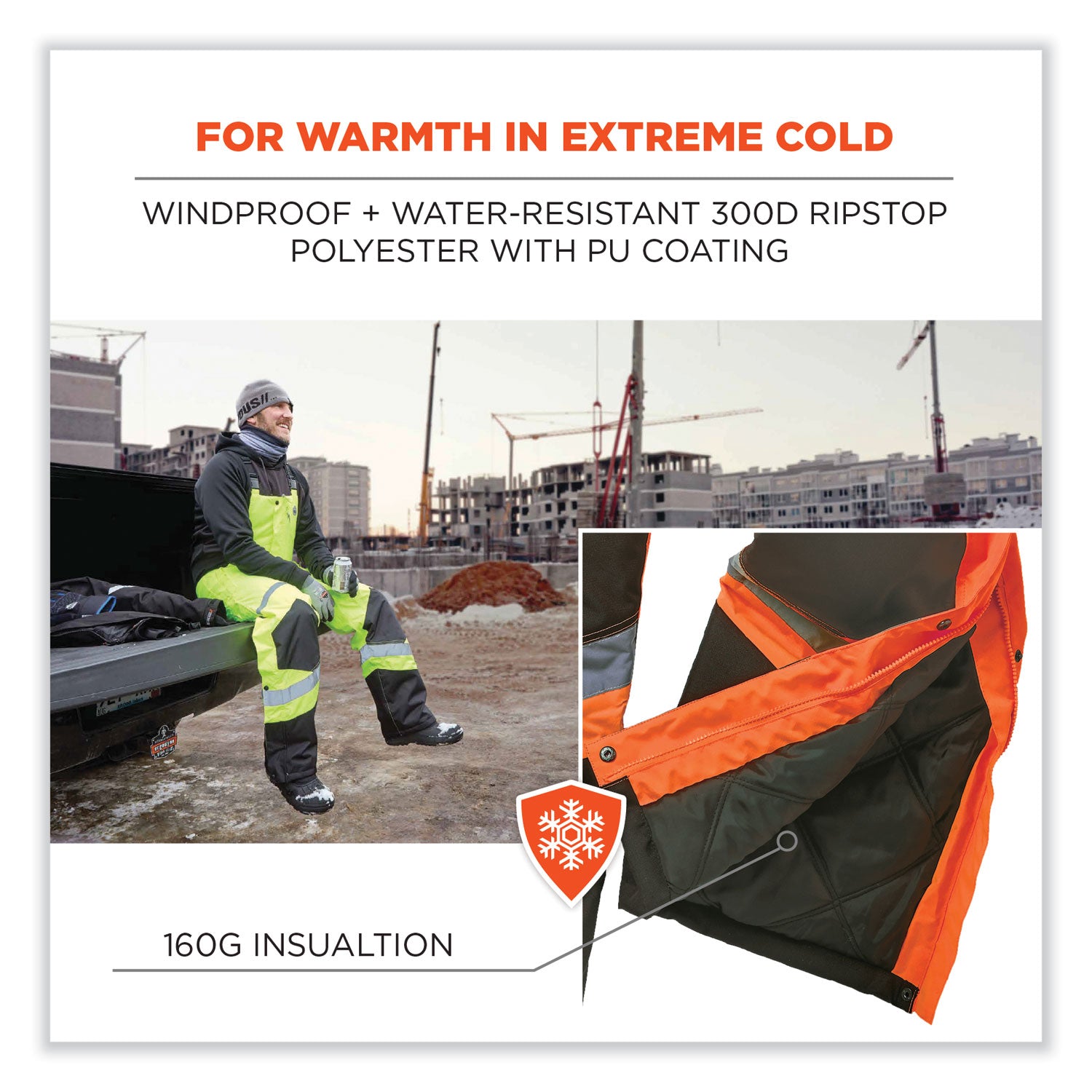 Ergodyne 8928 Hi-Vis Insulated Rain Bibs, 3XL, Orange/Black, Polyester, 300D Oxford, Polyurethane, 1 Each