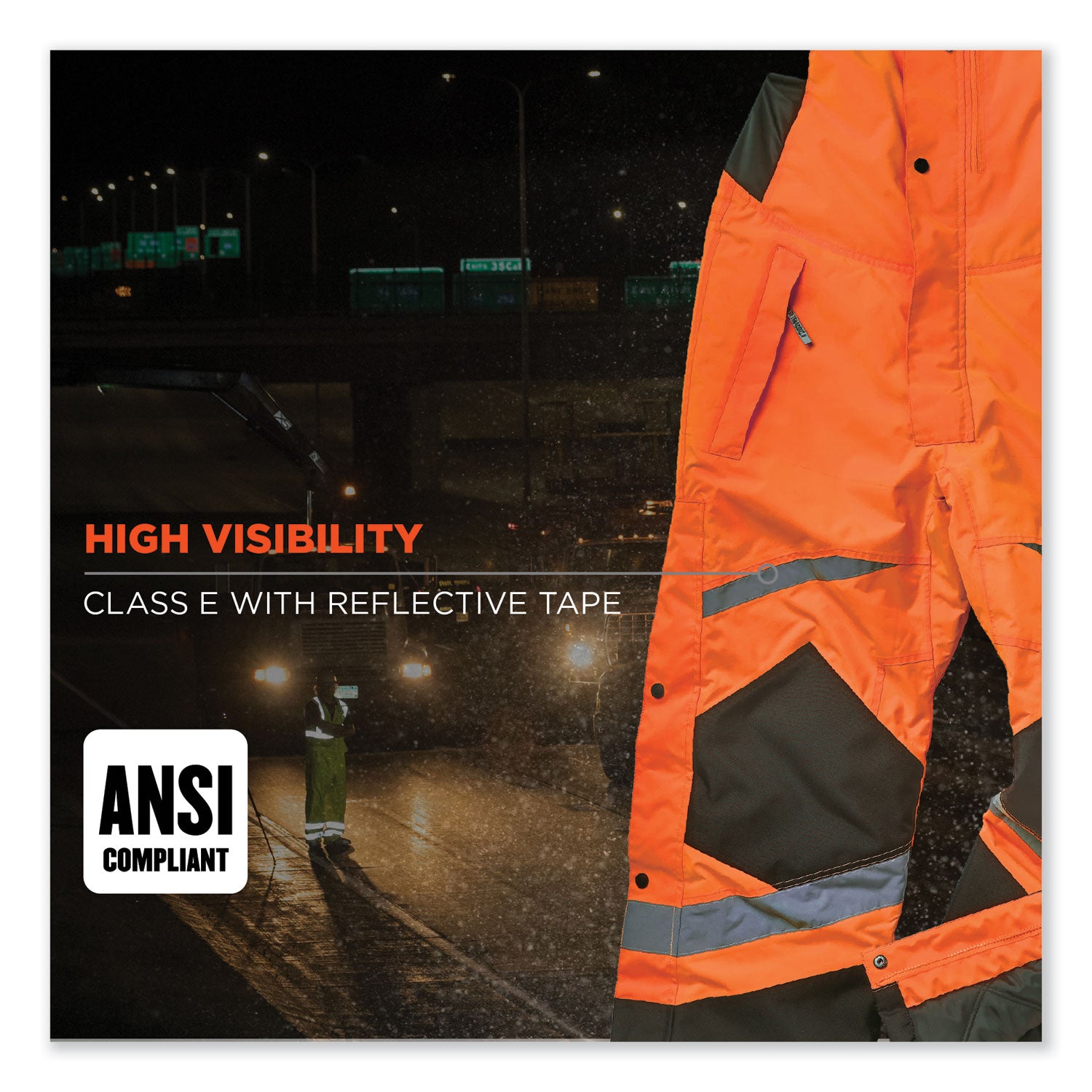Ergodyne 8928 Hi-Vis Insulated Rain Bibs, 3XL, Orange/Black, Polyester, 300D Oxford, Polyurethane, 1 Each