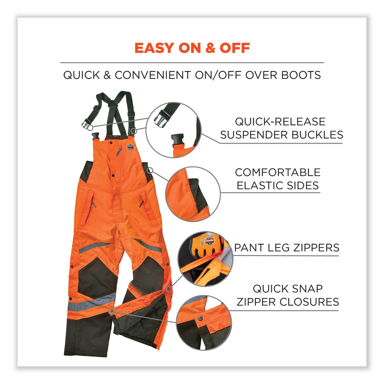 Ergodyne 8928 Hi-Vis Insulated Rain Bibs, 5XL, Orange/Black, Polyester, 300D Oxford, Polyurethane, 1 Each