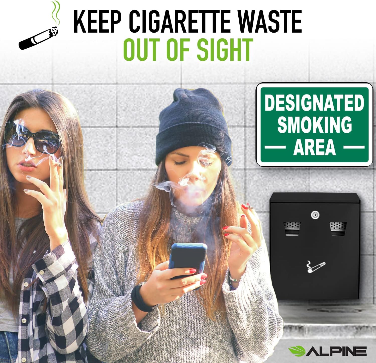 Alpine Industries All-In-One Wall Mounted Cigarette Disposal Station