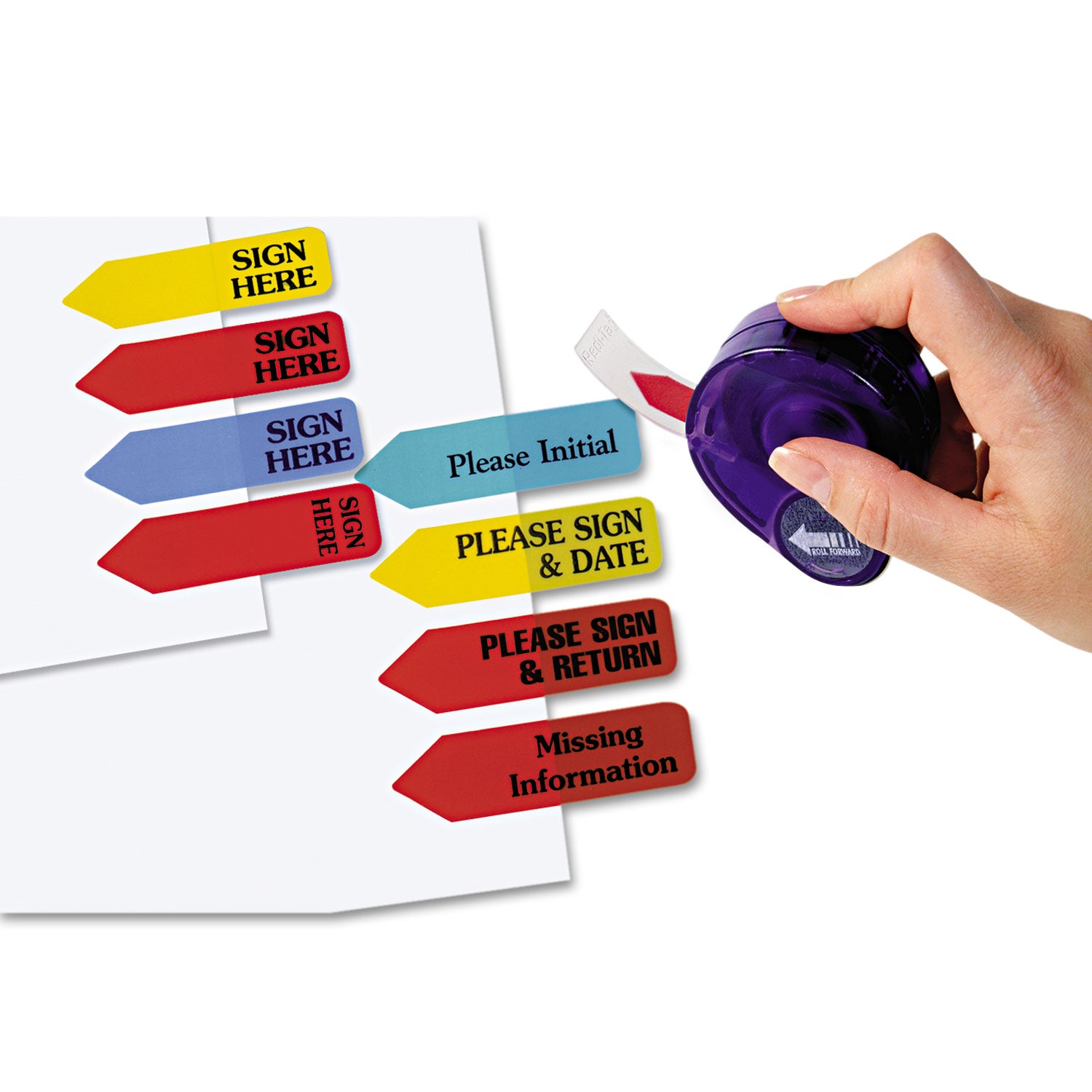 Redi-Tag Sign Here Removable Flags In Dispenser - 120 x Yellow - 1 7/8" Flag/Note Width x 9/16" Flag/Note Length - Arrow - SIGN HERE - Yellow - Removable, Self-adhesive - Dispenser Included - 1 Pack
