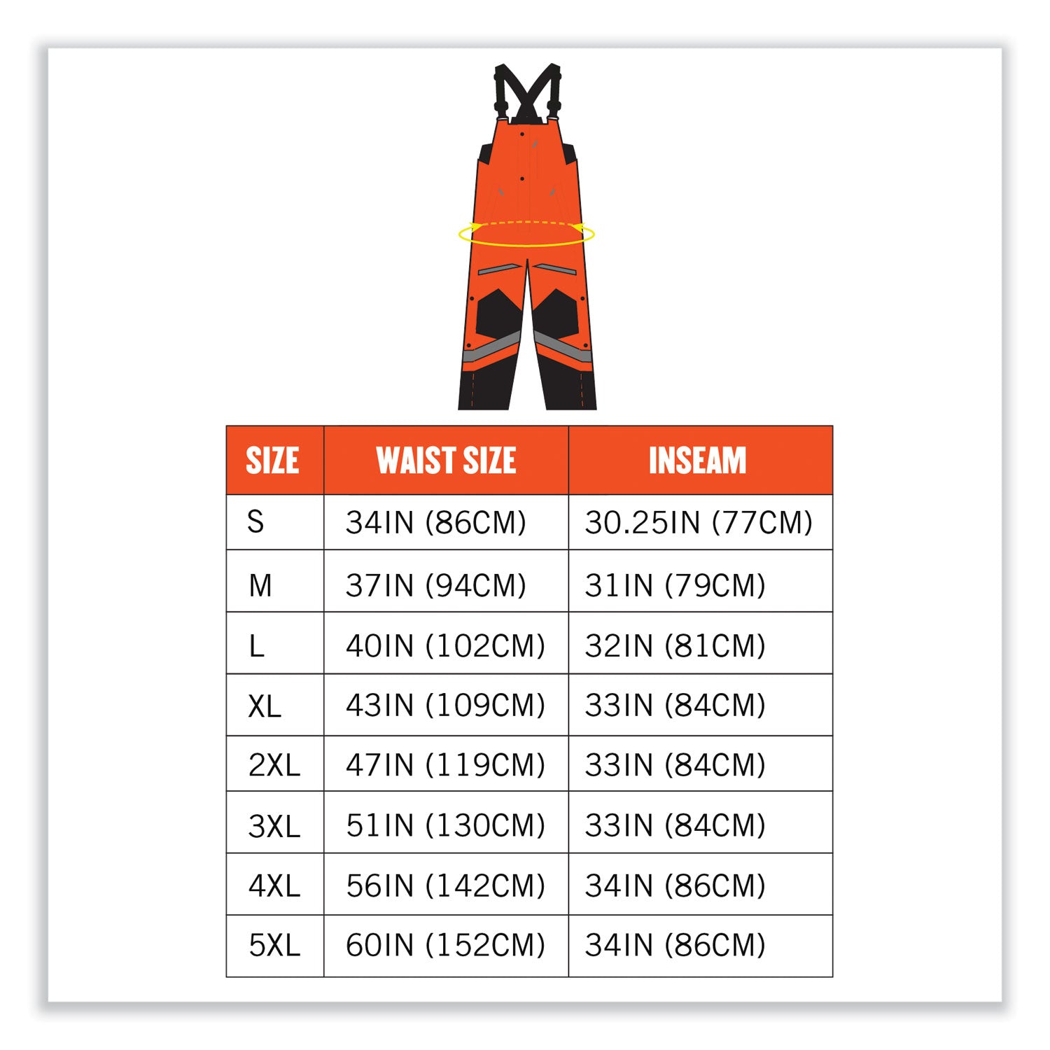 Ergodyne 8928 Hi-Vis Insulated Rain Bibs, XX-Large, Orange/Black, Polyester/300D Oxford Polyester/Polyurethane, 33" Inseam, 48.5" Waist, 3 Pockets, 1 Each