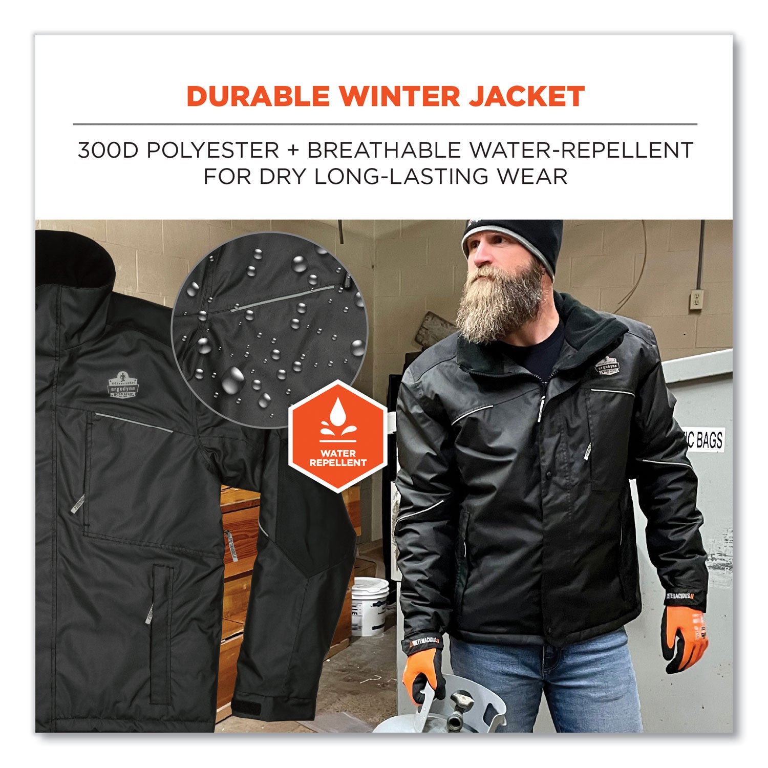 Ergodyne N-Ferno 6467 Winter Work Jacket, Small, Black, Polyester, 5 Pockets, Snap/Zipper Closure, Hook & Loop Wrist, Detachable Drawstring Hood, Water & Wind Resistant, Insulated, 1 Each