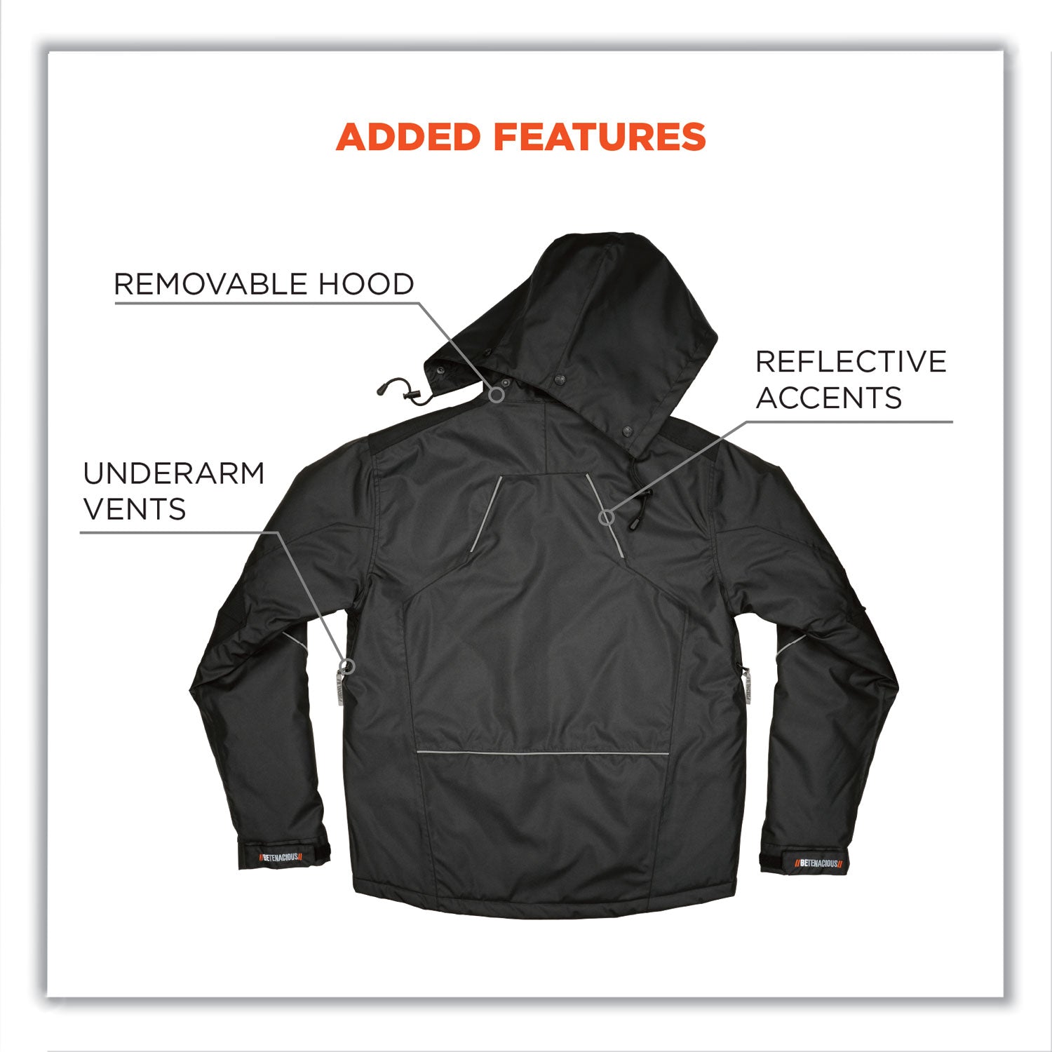 Ergodyne N-Ferno 6467 Winter Work Jacket, Small, Black, Polyester, 5 Pockets, Snap/Zipper Closure, Hook & Loop Wrist, Detachable Drawstring Hood, Water & Wind Resistant, Insulated, 1 Each