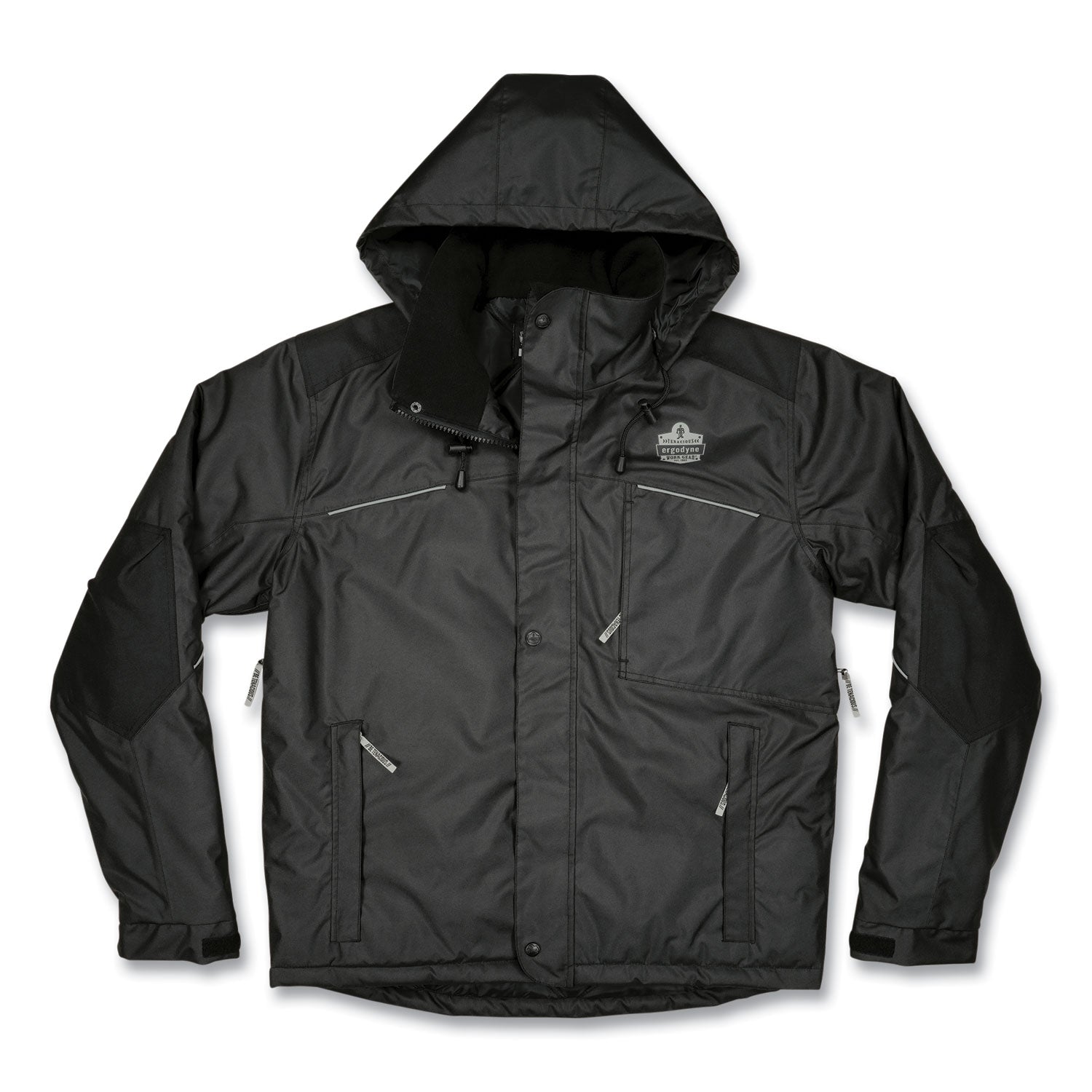 Ergodyne N-Ferno 6467 Winter Work Jacket, Small, Black, Polyester, 5 Pockets, Snap/Zipper Closure, Hook & Loop Wrist, Detachable Drawstring Hood, Water & Wind Resistant, Insulated, 1 Each