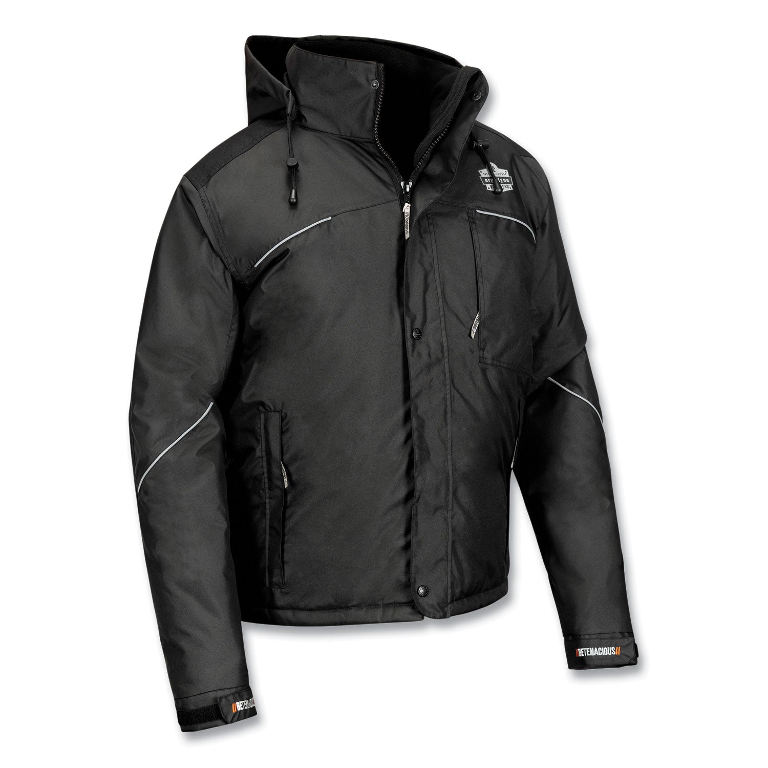 Ergodyne N-Ferno 6467 Winter Work Jacket, Medium, Black, Polyester, 5 Pockets, Snap/Zipper Closure, Hook & Loop Wrist, Detachable Drawstring Hood, Water & Wind Resistant, Insulated, 1 Each