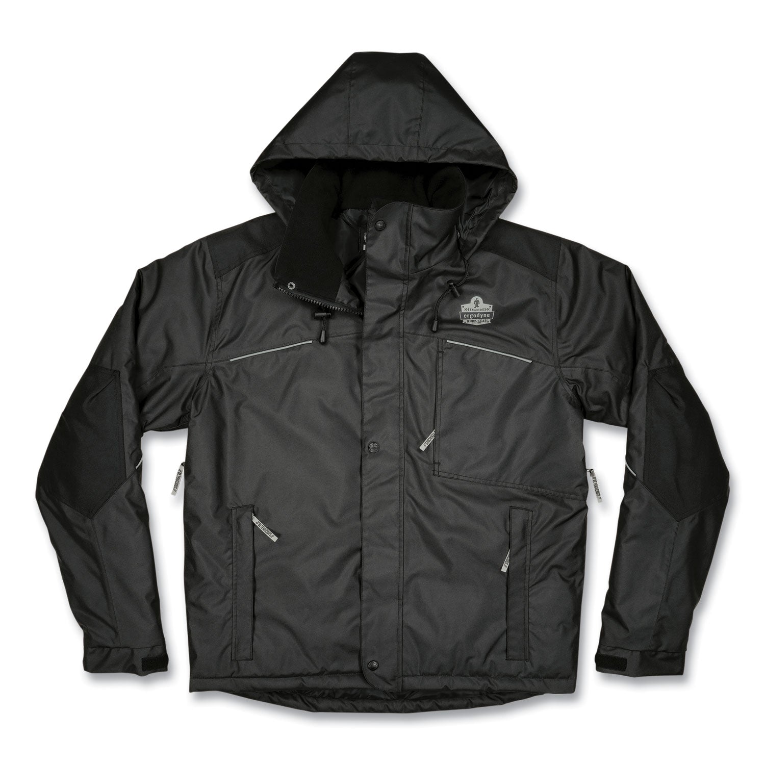 Ergodyne N-Ferno 6467 Winter Work Jacket, Large, Black, Polyester, 5 Pockets, Snap/Zipper Closure, Hook & Loop Wrist, Detachable Drawstring Hood, Water & Wind Resistant, Insulated, 1 Each