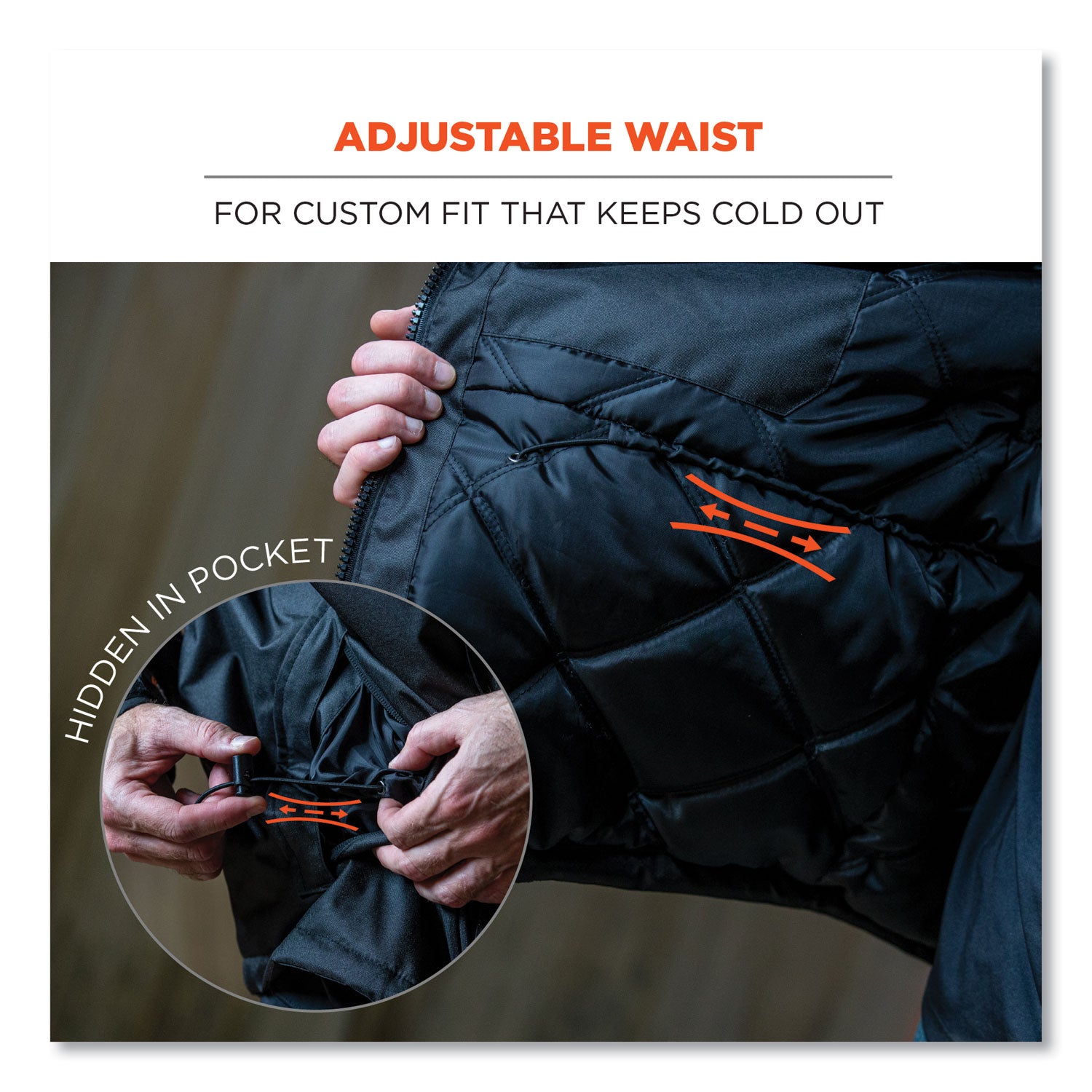Ergodyne N-Ferno 6467 Winter Work Jacket, X-Large, Black, Polyester, 5 Pockets, Snap/Zipper Closure, Hook & Loop Wrist, Detachable Drawstring Hood, Water & Wind Resistant, Insulated, 1 Each