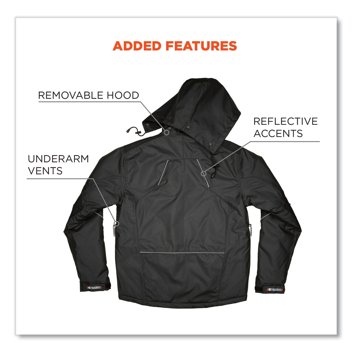 Ergodyne N-Ferno 6467 Winter Work Jacket, X-Large, Black, Polyester, 5 Pockets, Snap/Zipper Closure, Hook & Loop Wrist, Detachable Drawstring Hood, Water & Wind Resistant, Insulated, 1 Each