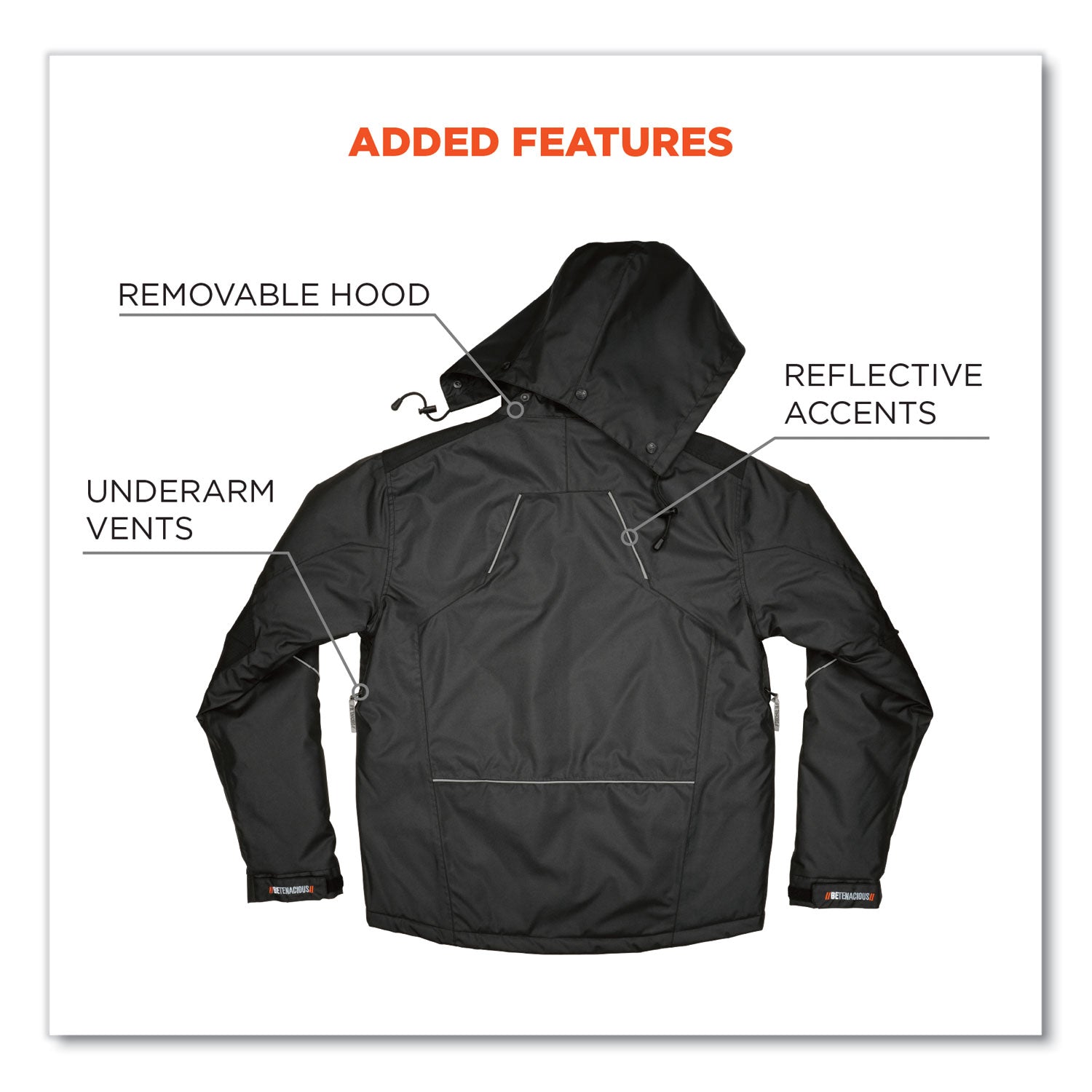 Ergodyne N-Ferno 6467 Winter Work Jacket, XX-Large, Black, Polyester, 5 Pockets, Snap/Zipper Closure, Hook & Loop Wrist, Detachable Hood, 1 Each