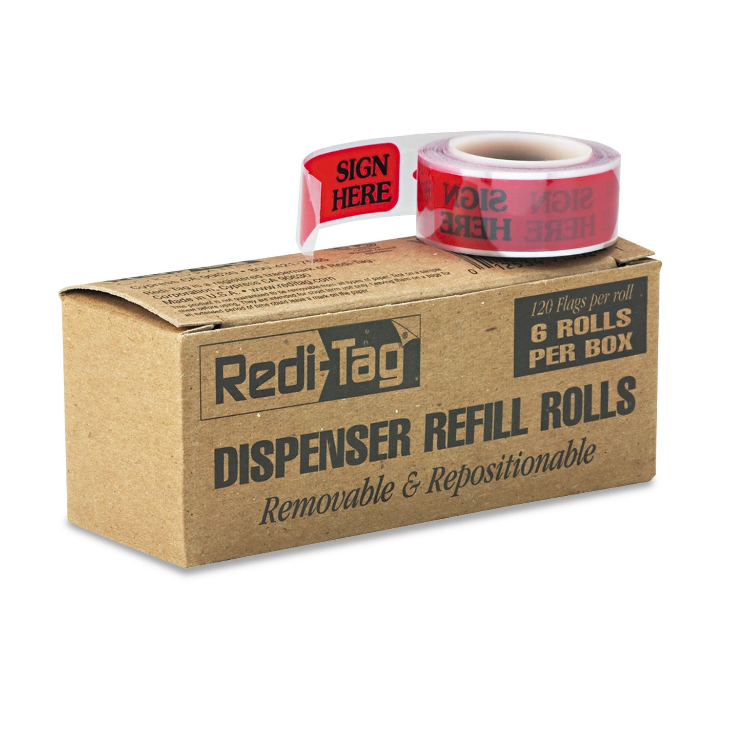 Redi-Tag Sign Here Arrow Flags Dispenser Refills - 720 x Red - 1 7/8" Flag/Note Width x 9/16" Flag/Note Length - Arrow - SIGN HERE - Red - Removable, Self-adhesive - Dispenser Included - 120/Roll - 6 / Box