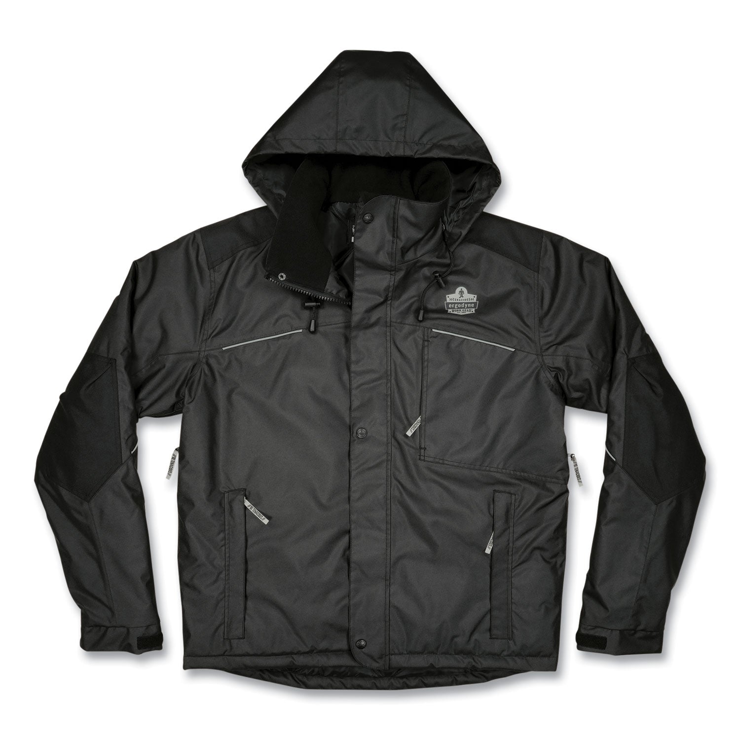 Ergodyne N-Ferno 6467 Winter Work Jacket, 4-Xtra Large, Black, Polyester, 5 Pockets, Snap/Zipper Closure, Hook & Loop Wrist, Detachable Drawstring Hood, Water & Wind Resistant, Insulated, 1 Each