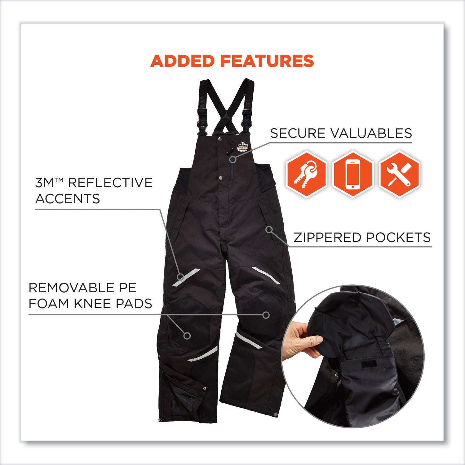 Ergodyne 6471 Thermal Bib Overalls, Medium, Black, 1600D/500D Nylon, 1 Each