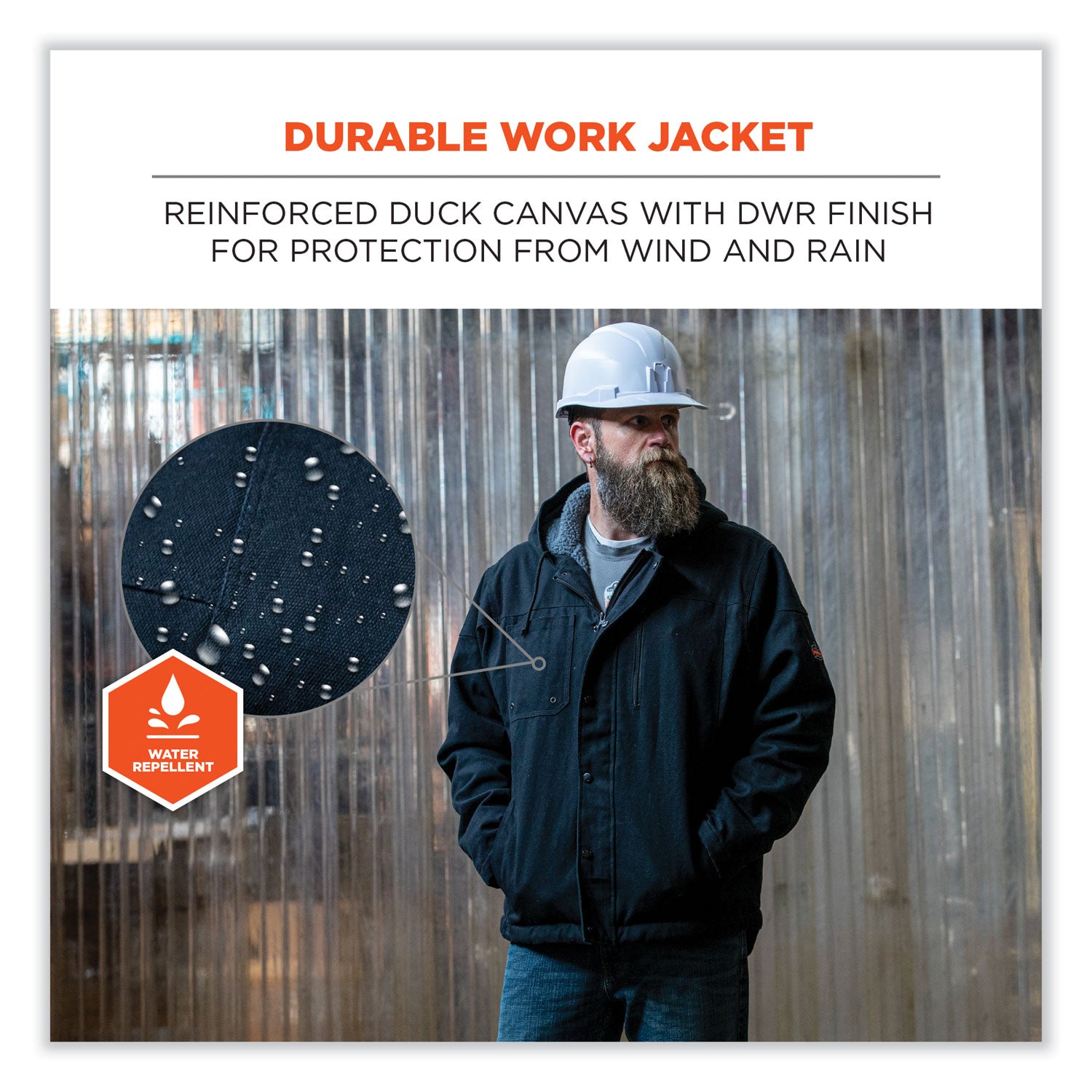 Ergodyne N-Ferno 6468 Heavy-Duty Canvas Jacket, Medium, Black, 6 Pockets, Snap/Zipper Closure, Fleece/Cotton/Polyester, Adjustable Drawstring Hood & Waist, Insulated, 1 Each