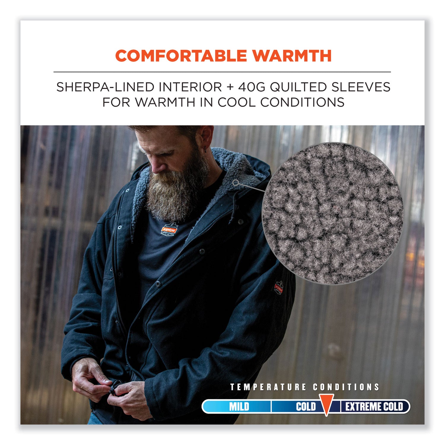 Ergodyne N-Ferno 6468 Heavy-Duty Canvas Jacket, Medium, Black, 6 Pockets, Snap/Zipper Closure, Fleece/Cotton/Polyester, Adjustable Drawstring Hood & Waist, Insulated, 1 Each