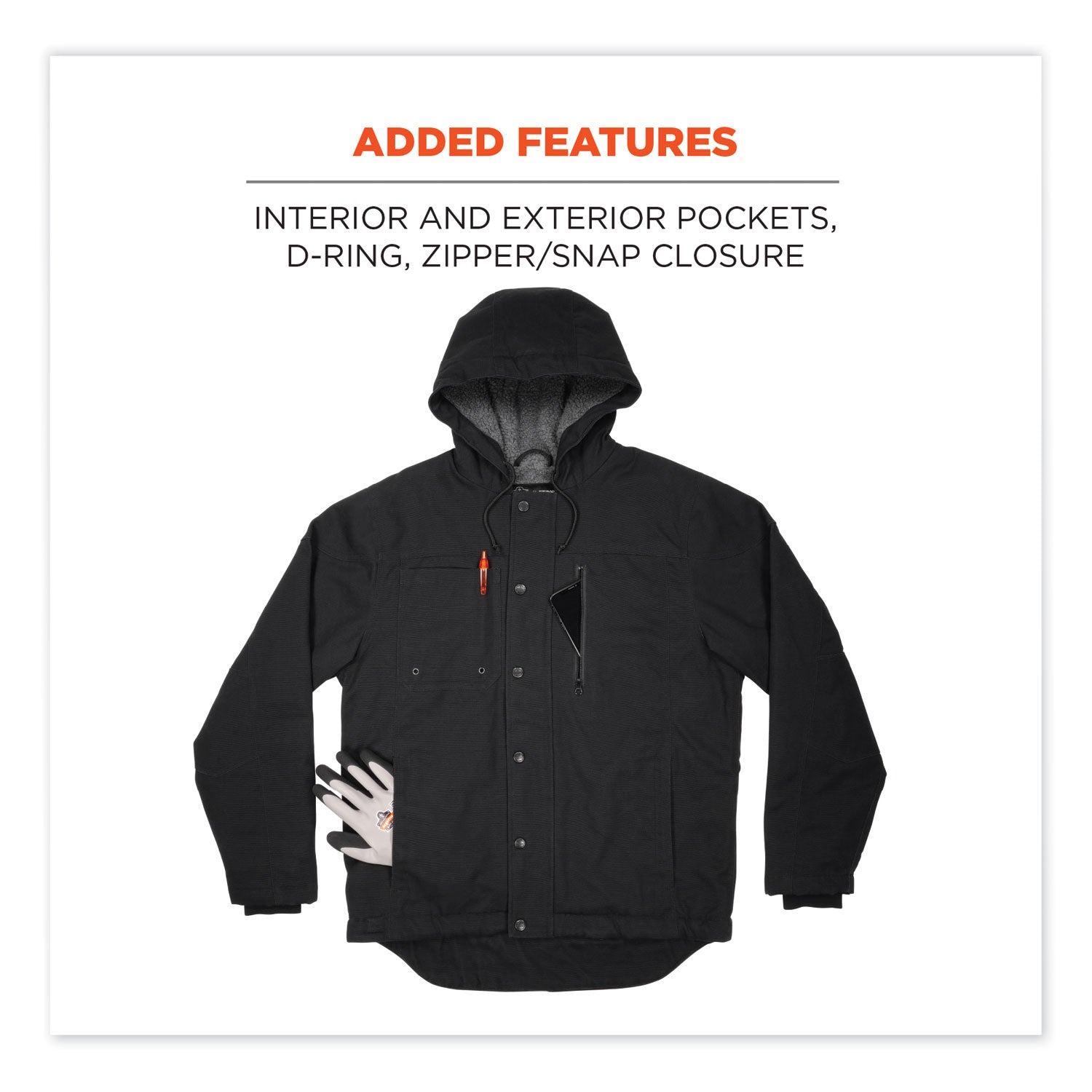 Ergodyne N-Ferno 6468 Heavy-Duty Canvas Jacket, Medium, Black, 6 Pockets, Snap/Zipper Closure, Fleece/Cotton/Polyester, Adjustable Drawstring Hood & Waist, Insulated, 1 Each