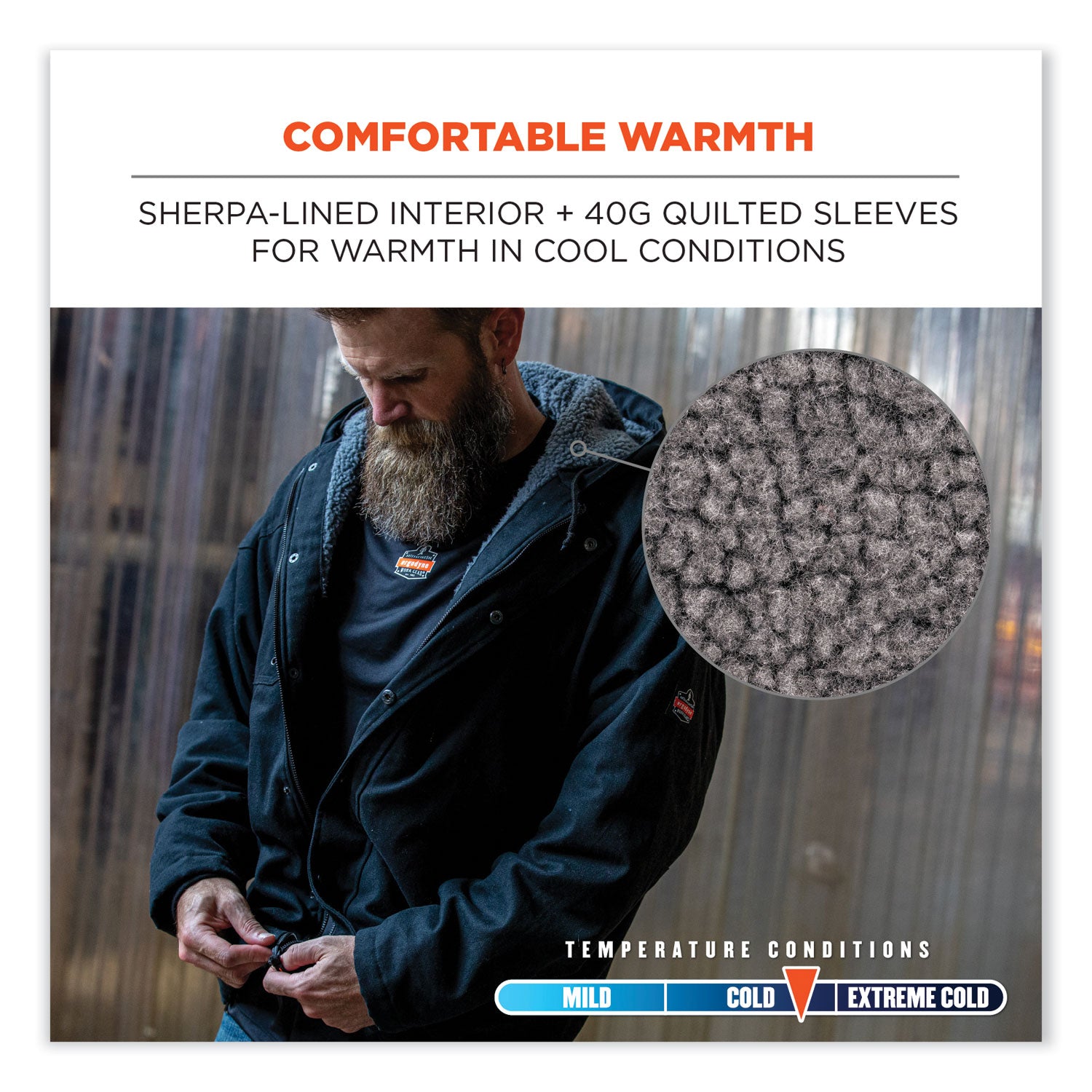 Ergodyne N-Ferno 6468 Heavy-Duty Canvas Jacket, Large, Black, 6 Pockets, Snap/Zipper Closure, Fleece/Cotton/Polyester, Water & Wind Resistant, Adjustable Drawstring Hood & Waist, Insulated, 1 Each