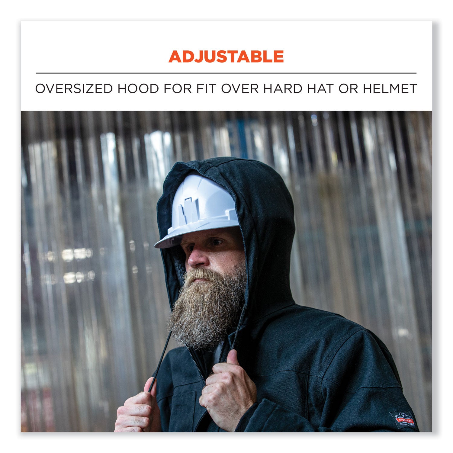Ergodyne N-Ferno 6468 Heavy-Duty Canvas Jacket, Large, Black, 6 Pockets, Snap/Zipper Closure, Fleece/Cotton/Polyester, Water & Wind Resistant, Adjustable Drawstring Hood & Waist, Insulated, 1 Each