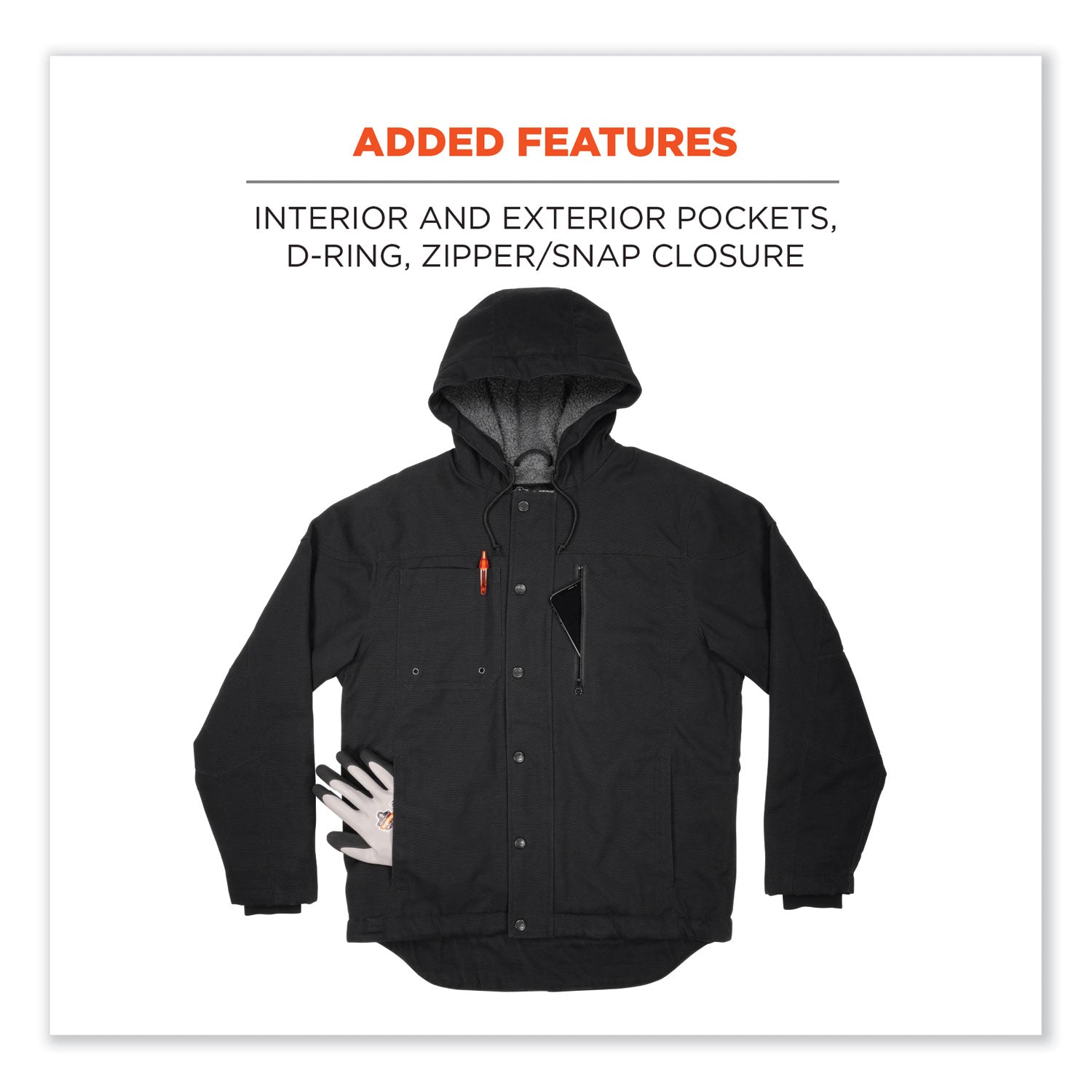 Ergodyne N-Ferno 6468 Heavy-Duty Canvas Jacket, Large, Black, 6 Pockets, Snap/Zipper Closure, Fleece/Cotton/Polyester, Water & Wind Resistant, Adjustable Drawstring Hood & Waist, Insulated, 1 Each
