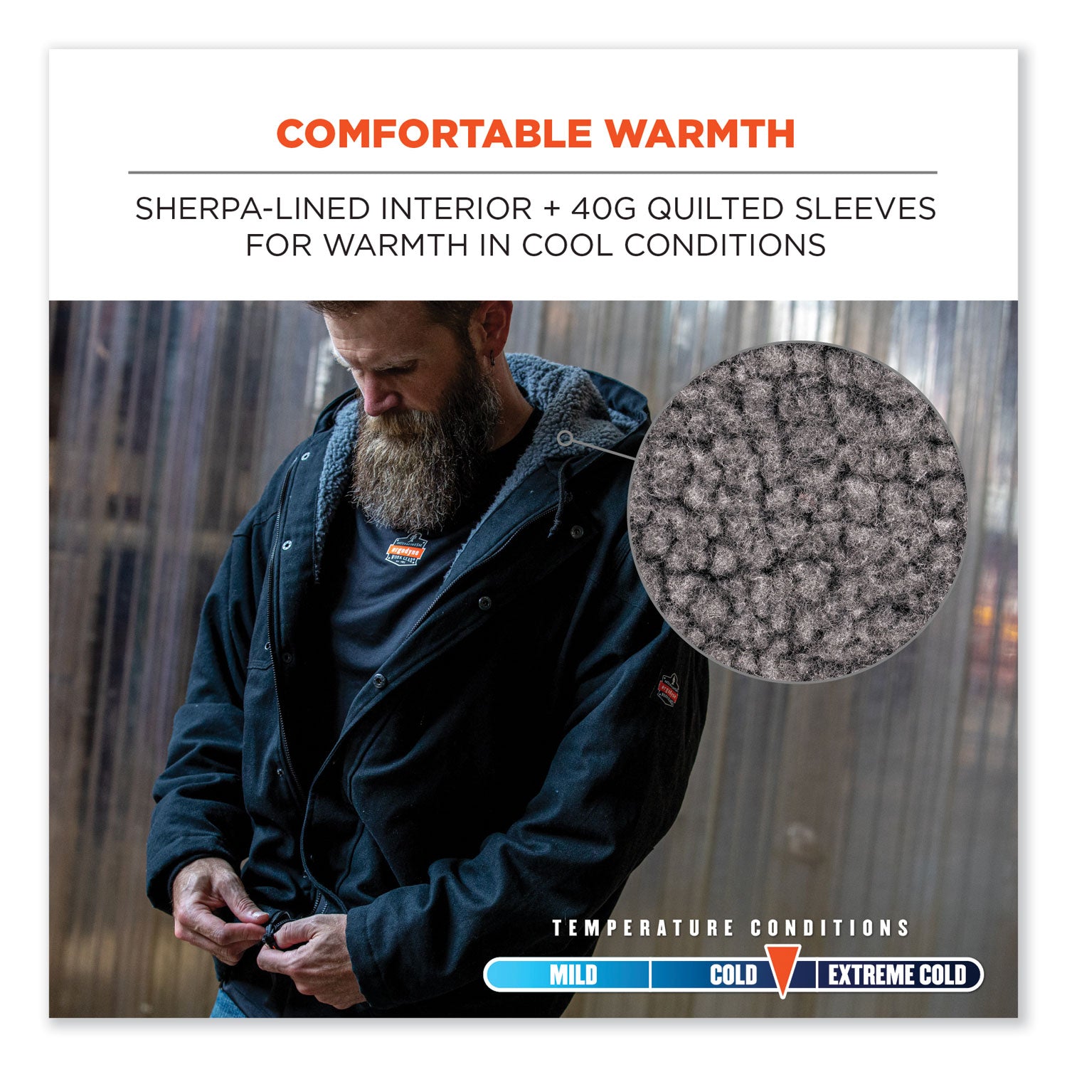 Ergodyne N-Ferno 6468 Heavy-Duty Canvas Jacket, X-Large, Black, 6 Pockets, Snap/Zipper Closure, Fleece/Cotton/Polyester, Water & Wind Resistant, Insulated, Adjustable Drawstring Hood & Waist, 1 Each