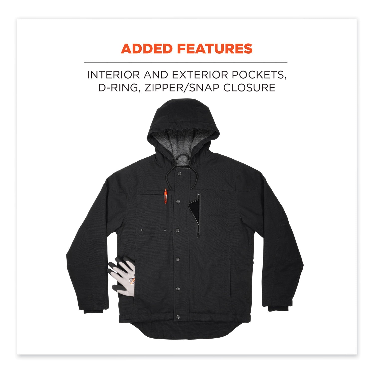 Ergodyne N-Ferno 6468 Heavy-Duty Canvas Jacket, X-Large, Black, 6 Pockets, Snap/Zipper Closure, Fleece/Cotton/Polyester, Water & Wind Resistant, Insulated, Adjustable Drawstring Hood & Waist, 1 Each