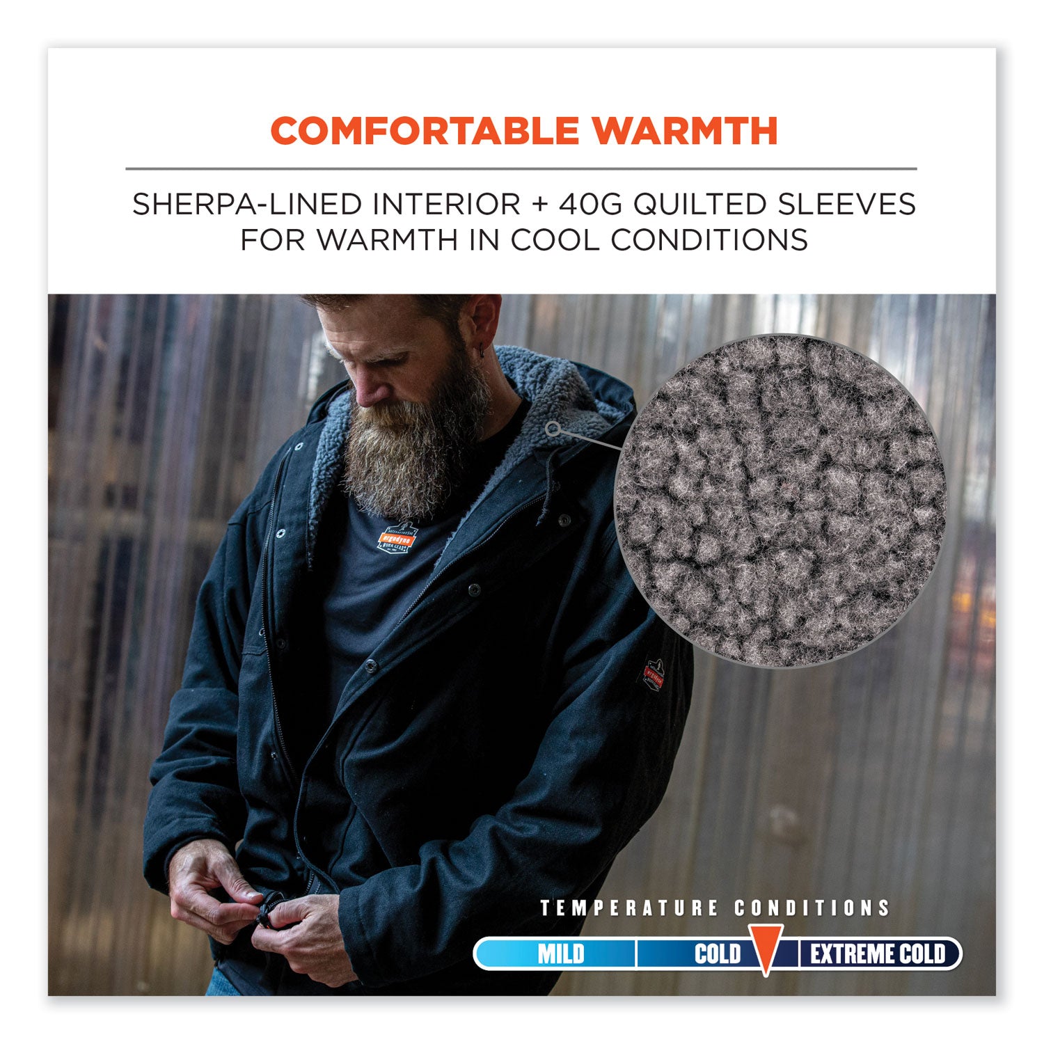 Ergodyne N-Ferno 6468 Heavy-Duty Canvas Jacket, XX-Large, Black, 6 Pockets, Snap/Zipper Closure, Fleece/Cotton/Polyester, Water & Wind Resistant, Insulated, Adjustable Drawstring Hood & Waist, 1 Each