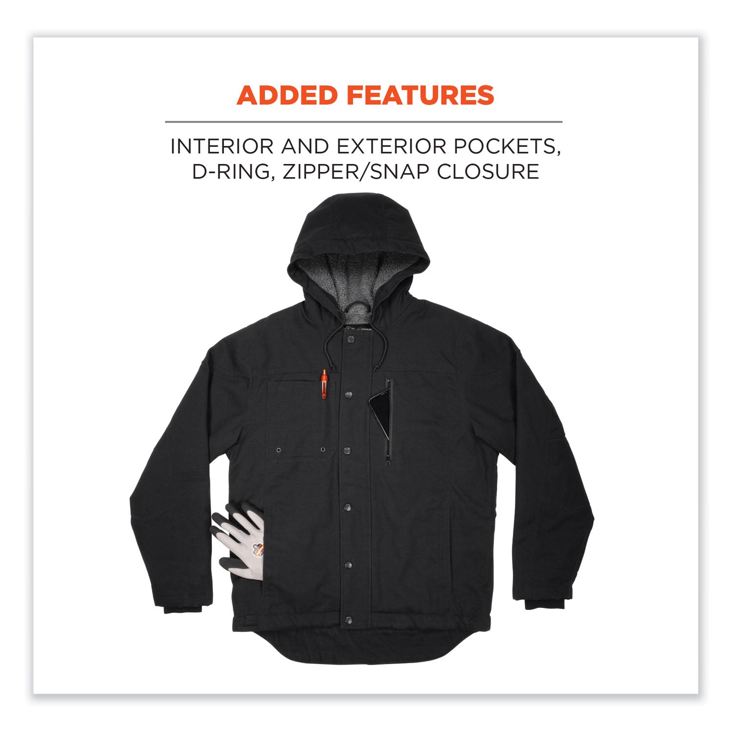 Ergodyne N-Ferno 6468 Heavy-Duty Canvas Jacket, XX-Large, Black, 6 Pockets, Snap/Zipper Closure, Fleece/Cotton/Polyester, Water & Wind Resistant, Insulated, Adjustable Drawstring Hood & Waist, 1 Each