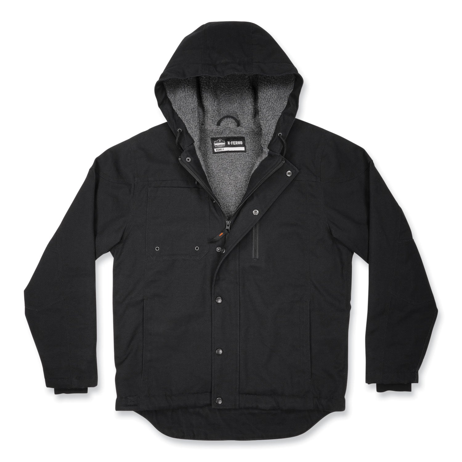 Ergodyne N-Ferno 6468 Heavy-Duty Canvas Jacket, XX-Large, Black, 6 Pockets, Snap/Zipper Closure, Fleece/Cotton/Polyester, Water & Wind Resistant, Insulated, Adjustable Drawstring Hood & Waist, 1 Each
