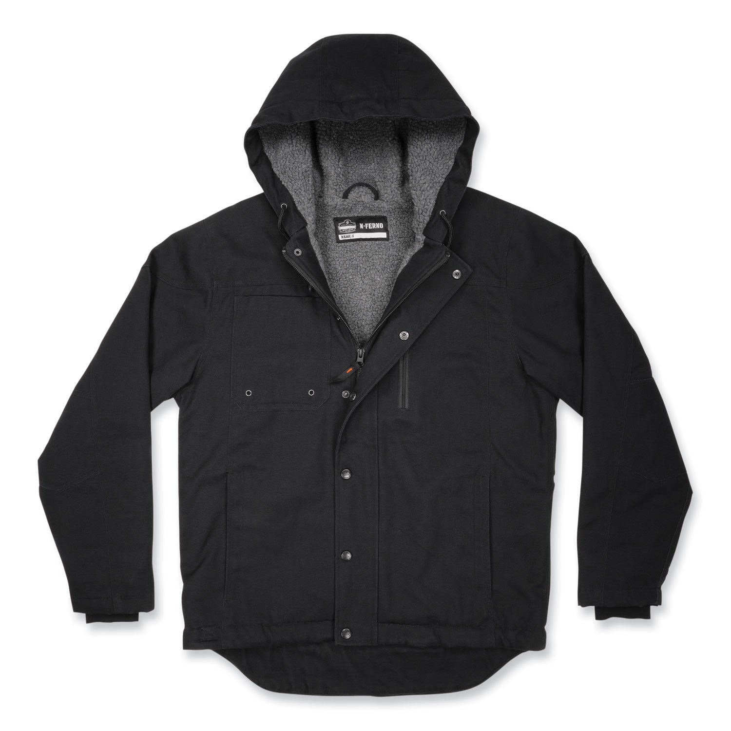 Ergodyne N-Ferno 6468 Heavy-Duty Canvas Jacket, 3X-Large, Black, 6 Pockets, Snap/Zipper Closure, Fleece/Canvas/Cotton/Polyester, Adjustable Drawstring Hood & Waist, Water & Wind Resistant, 1 Each