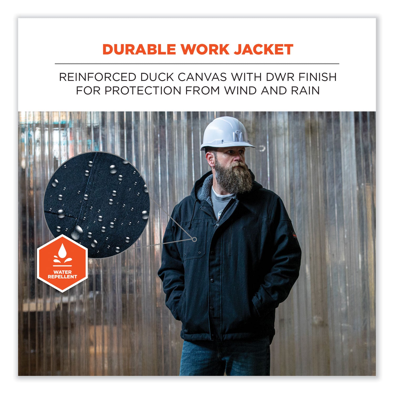 Ergodyne N-Ferno 6468 Heavy-Duty Canvas Jacket, 4-Xtra Large, Black, Snap/Zipper Closure, 6 Pockets, Fleece/Canvas/Cotton/Polyester, Water & Wind Resistant, Insulated, Adjustable Drawstring Hood, 1 Each