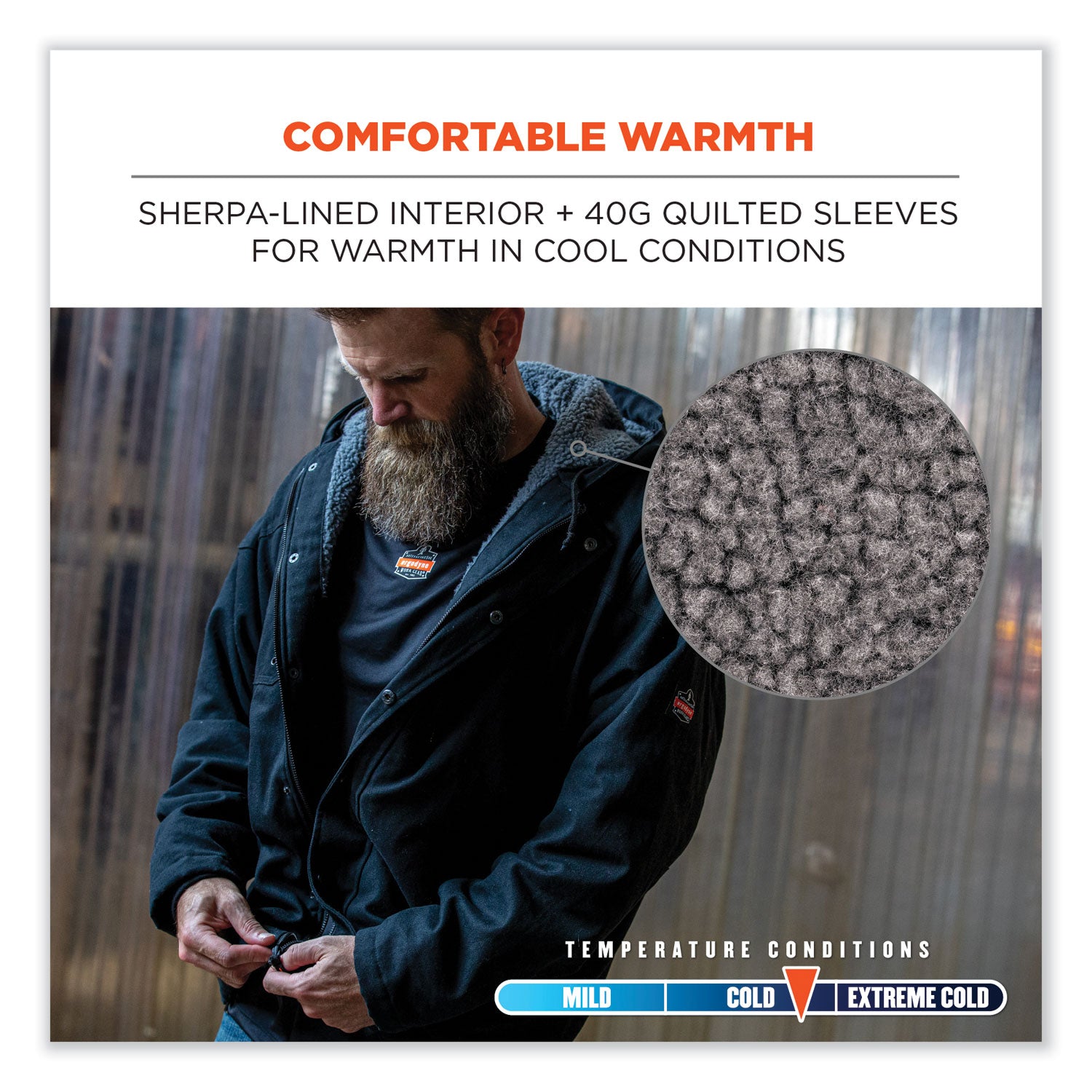 Ergodyne N-Ferno 6468 Heavy-Duty Canvas Jacket, 4-Xtra Large, Black, Snap/Zipper Closure, 6 Pockets, Fleece/Canvas/Cotton/Polyester, Water & Wind Resistant, Insulated, Adjustable Drawstring Hood, 1 Each
