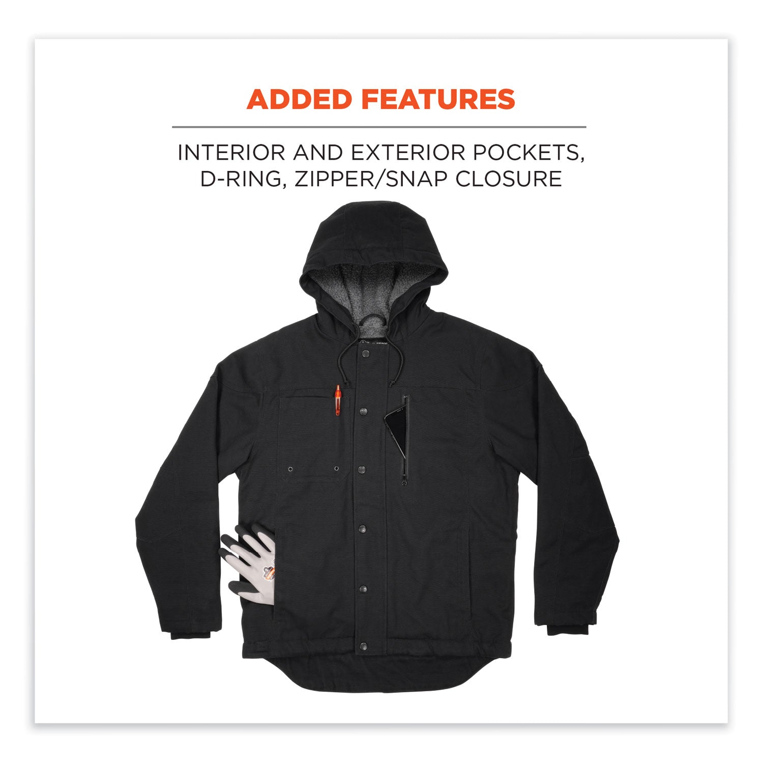 Ergodyne N-Ferno 6468 Heavy-Duty Canvas Jacket, 4-Xtra Large, Black, Snap/Zipper Closure, 6 Pockets, Fleece/Canvas/Cotton/Polyester, Water & Wind Resistant, Insulated, Adjustable Drawstring Hood, 1 Each