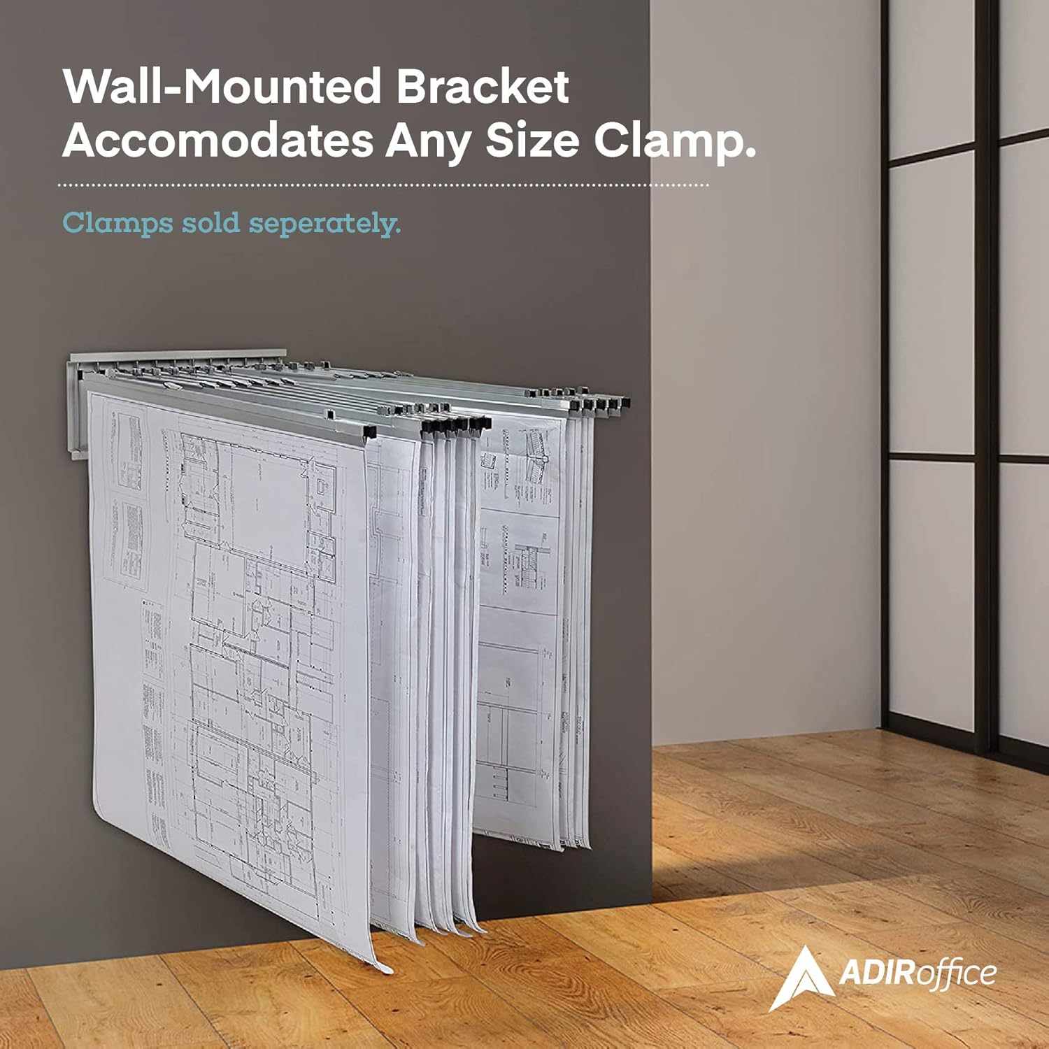 Gray Steel Blueprint Large File Pivot Wall Rack with 30 inch Hanging Clamps