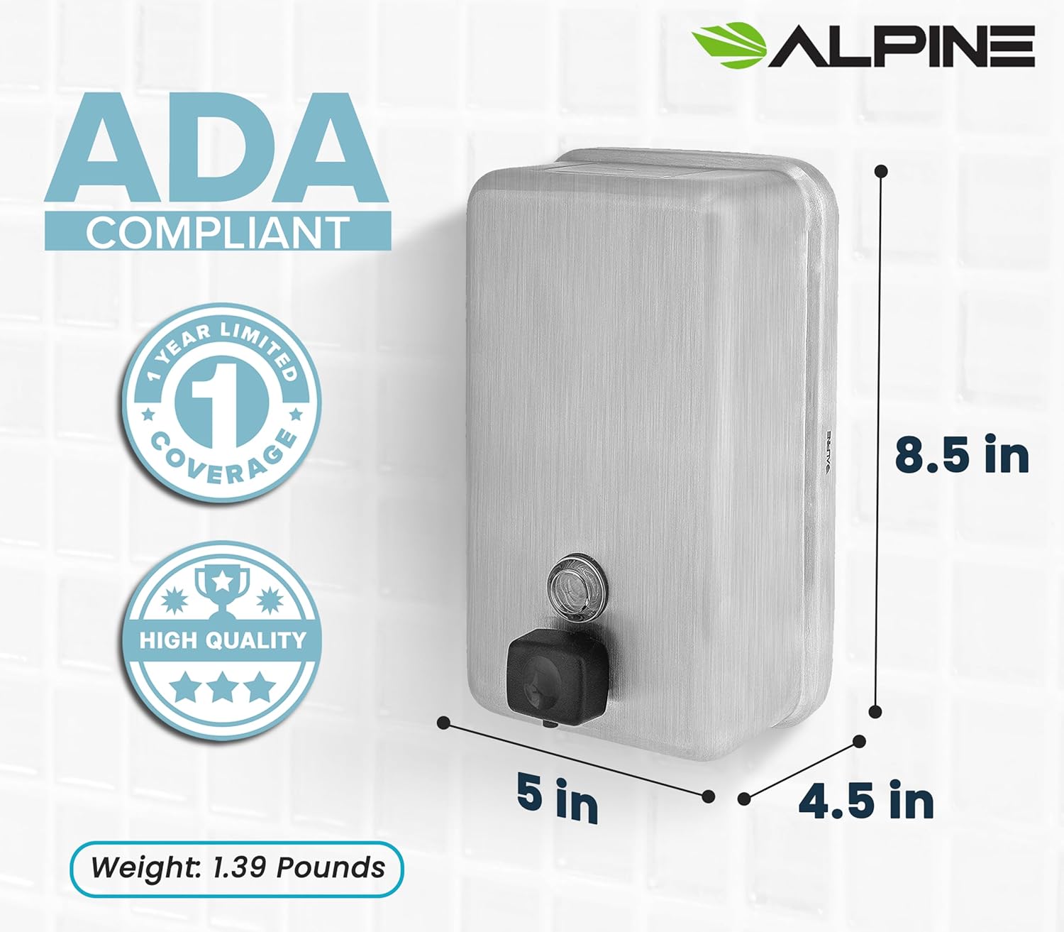 Alpine Industries Manual Surface-Mounted Stainless Steel Liquid Soap Dispenser, 40 oz Capacity, Vertical