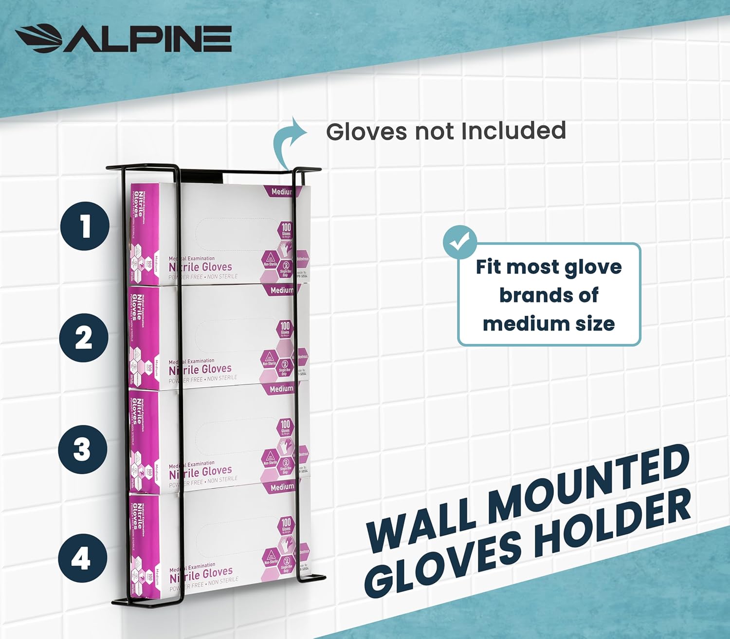 Alpine Industries Quadruple Box Wire Wall Mount Glove Dispenser, Black