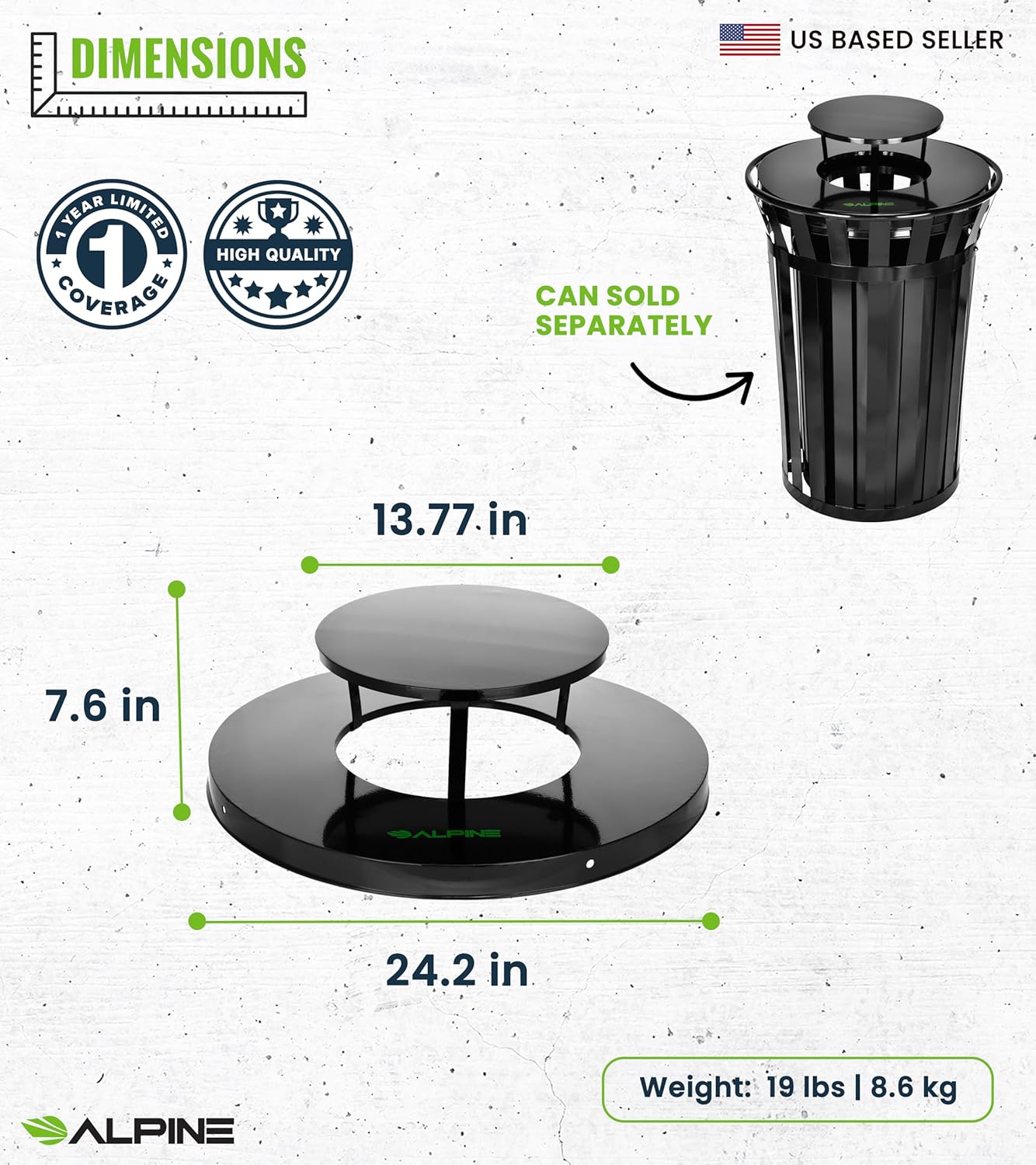 Alpine Industries Rain Bonnet Lid for Outdoor Metal Waste Receptacle - 38 Gallon Black