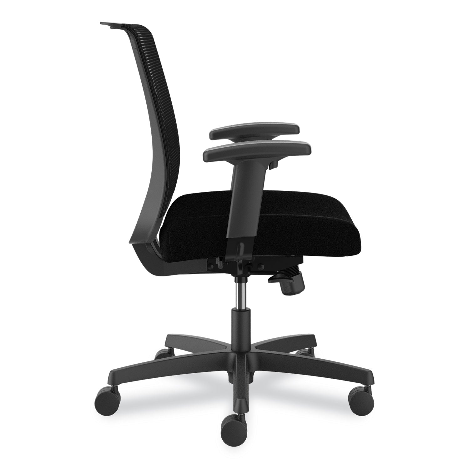 HON Convergence Synchro Tilt Task Chair, Black Fabric Seat, Black Mesh Low Back, Adjustable Arms, 5-Star Base, 1 Each