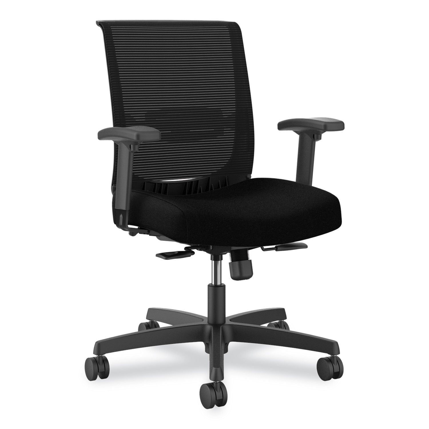 HON Convergence Synchro Tilt Task Chair, Black Fabric Seat, Black Mesh Low Back, Adjustable Arms, 5-Star Base, 1 Each