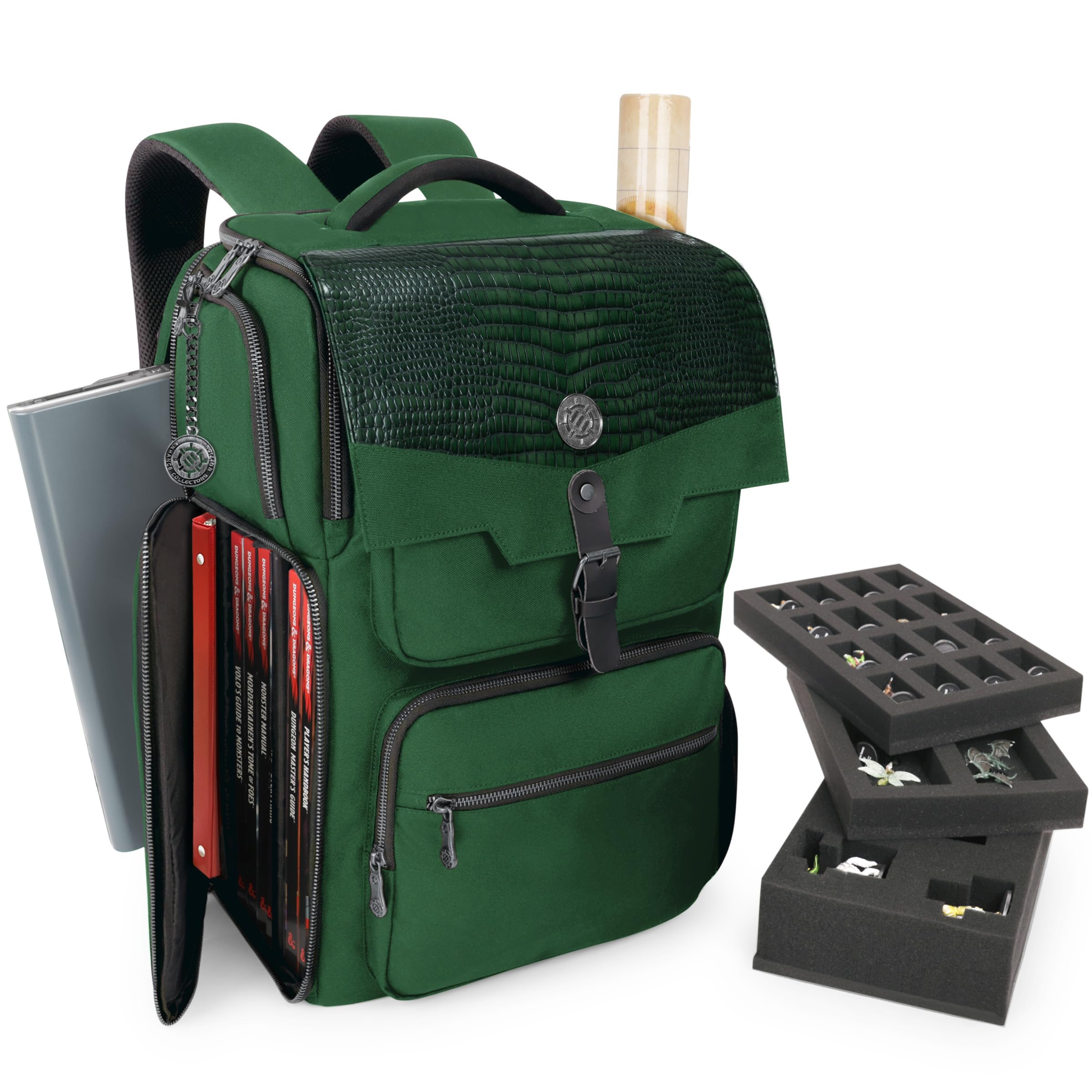 ENHANCE Collector's Edition DnD Backpack - RPG DM Bag for Dungeons and Dragons - DnD Bag fits 6-8 Books, 18" Laptop/DM Screen Slot, Miniature Foam Trays, Accessory Pockets, Map Strap (Dragon Green)