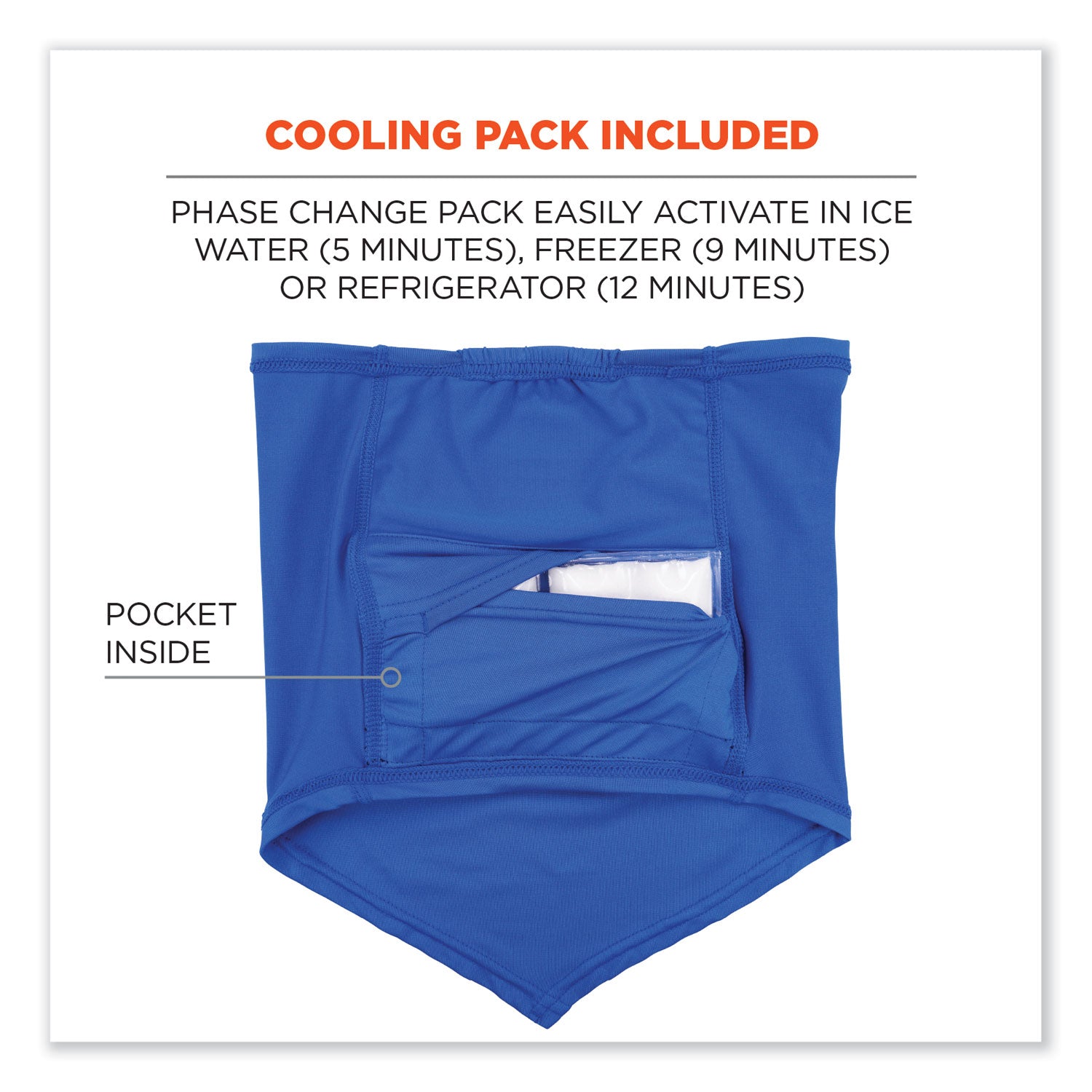 Ergodyne 6482 Cooling Neck Gaiter Bandana with Rechargeable Phase Change Ice Packs, Small/Medium, Blue, 1 Each