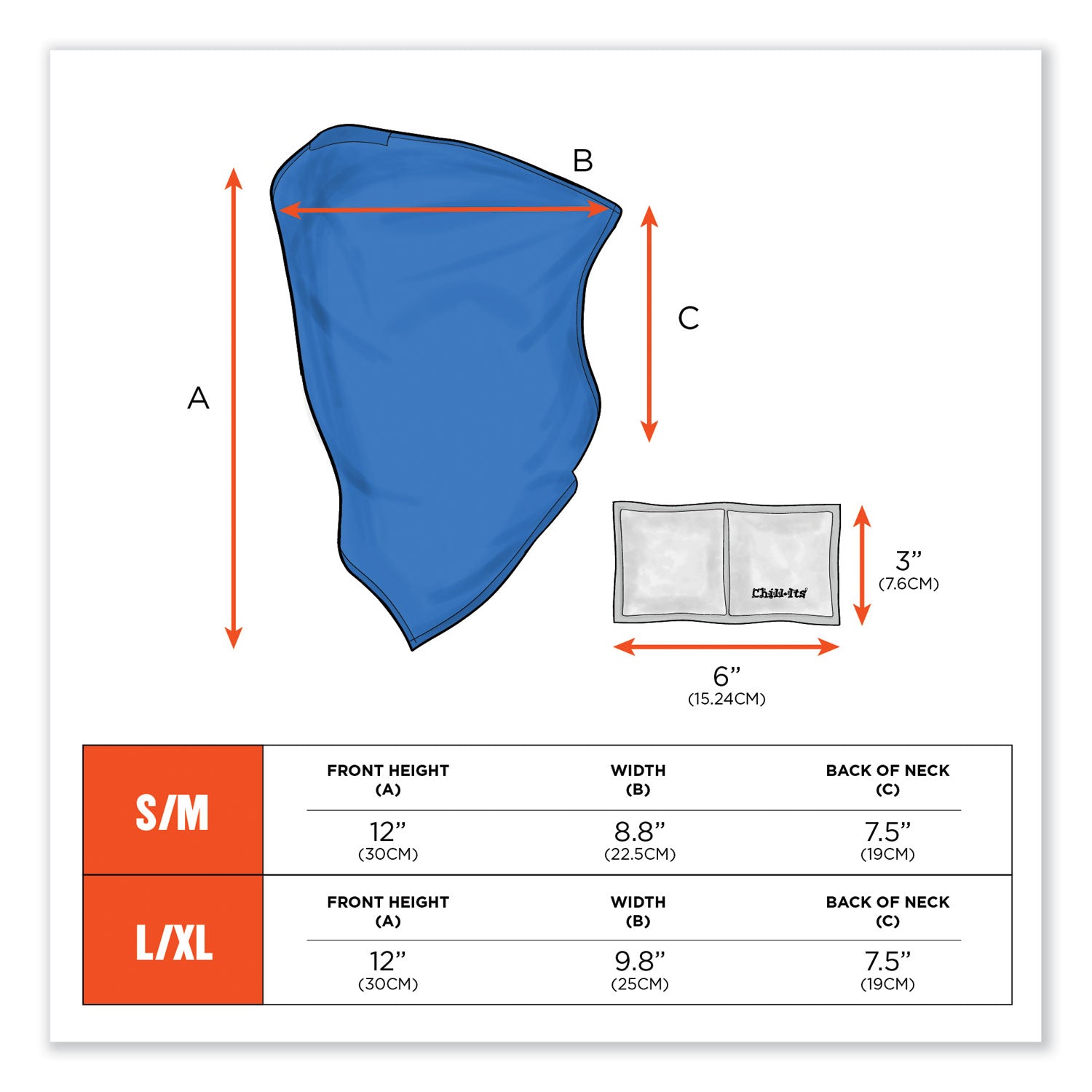 Ergodyne 6482 Cooling Neck Gaiter Bandana with Rechargeable Phase Change Ice Packs, Small/Medium, Blue, 1 Each