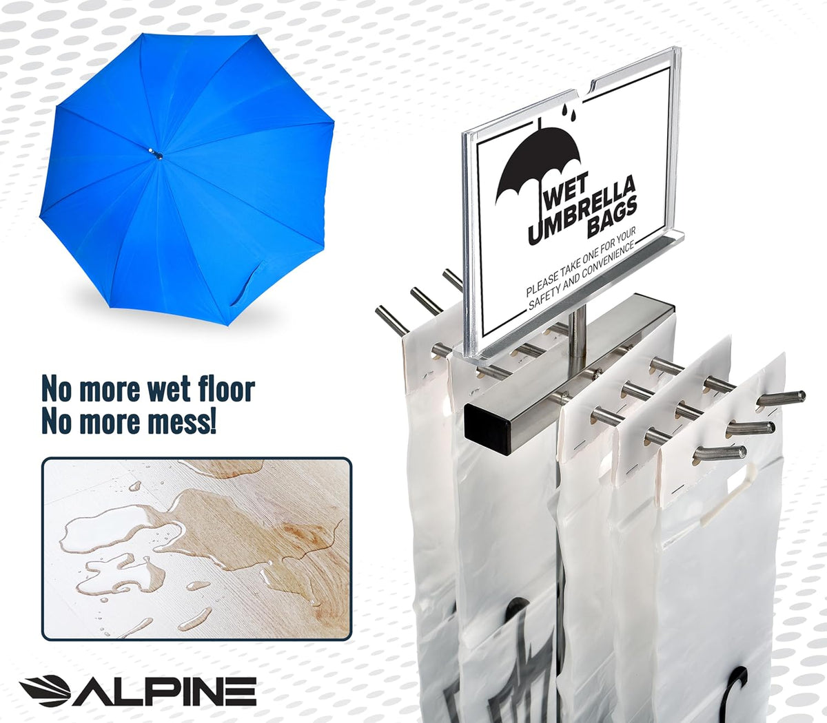 Alpine Industries Wet Umbrella Bag Wrapper Stand with 100 Long Bags