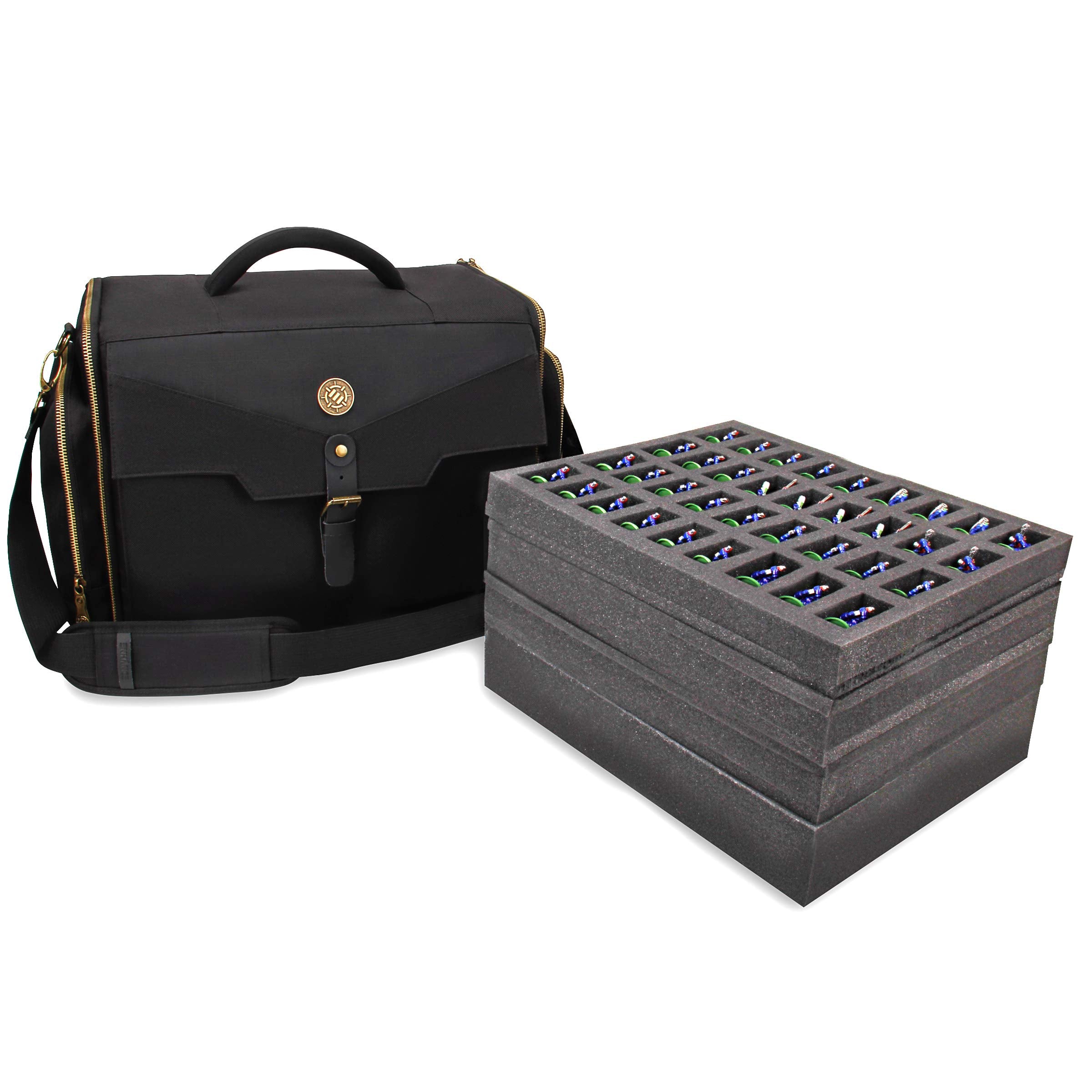 ENHANCE Portable Miniature Figure Storage & Carrying Case - 4 Foam Layers fits 108 Infantry Minis & Pick & Pluck for Large Figures - Book Sleeve & 2 Accessory Pockets for Measuring Tape, Dice & More