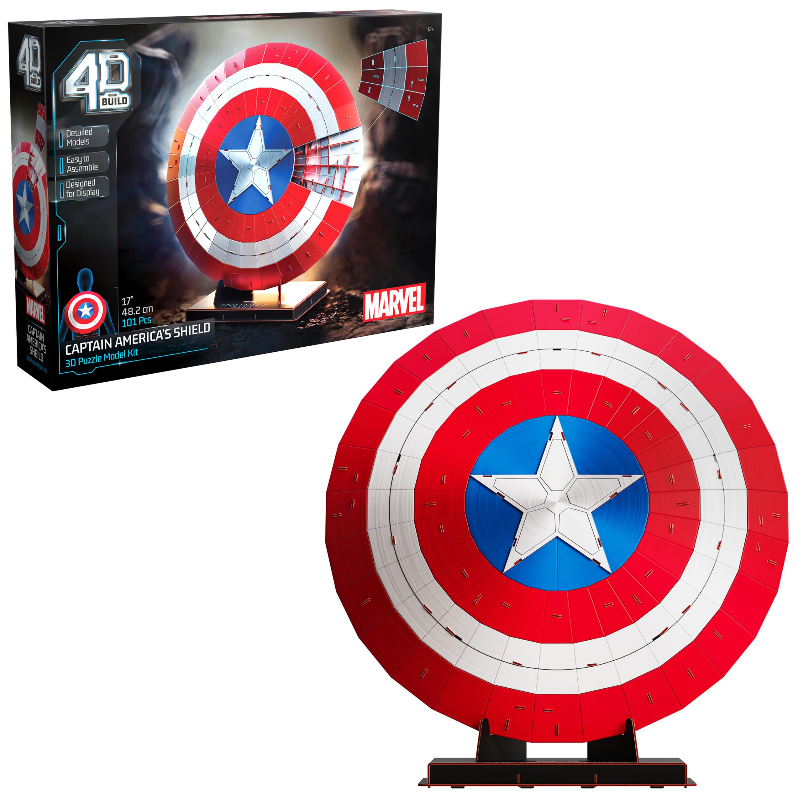 4D Build, Marvel Captain America Shield 3D Model Kit with Stand, Marvel Collectibles & Desk Décor, Adult Puzzle, Building Toys, 3D Puzzles for Adults & Teens, 101 Pieces, for Ages 12 & Up