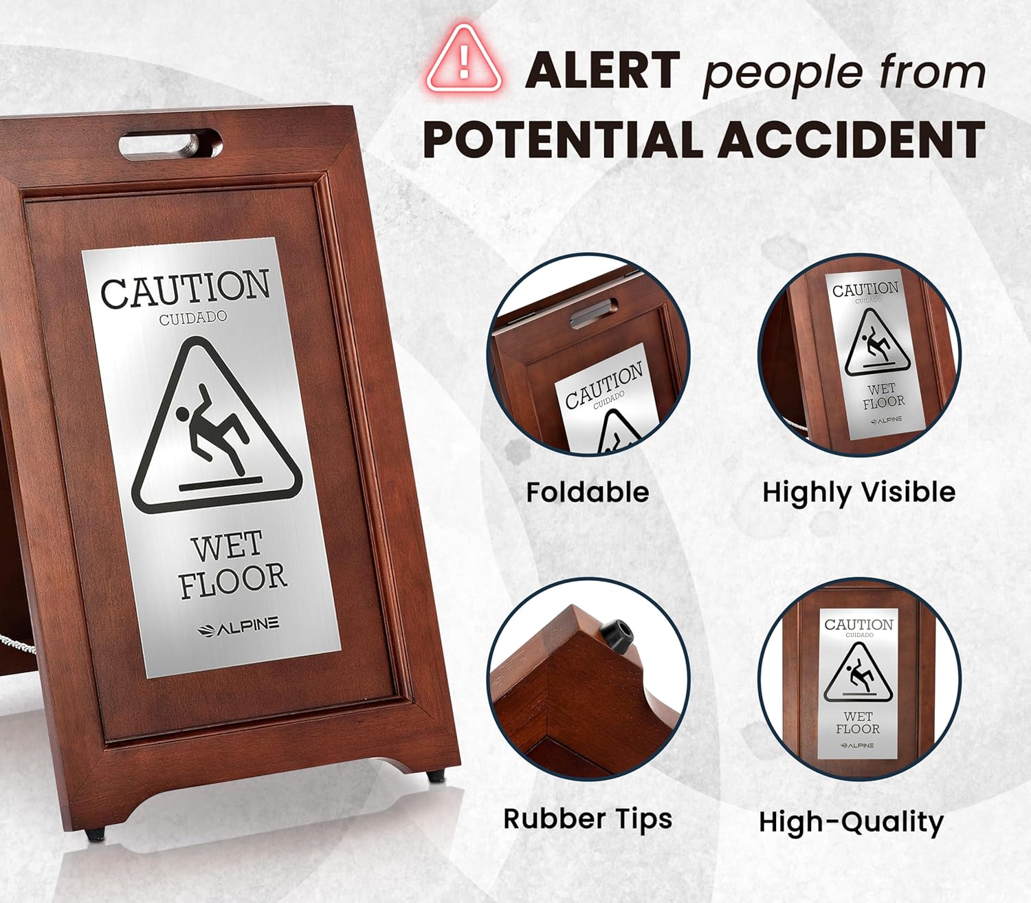 24 in. 2-Sided Stainless Steel Plated Wooden Bilingual Wet Floor Sign 2 Pack