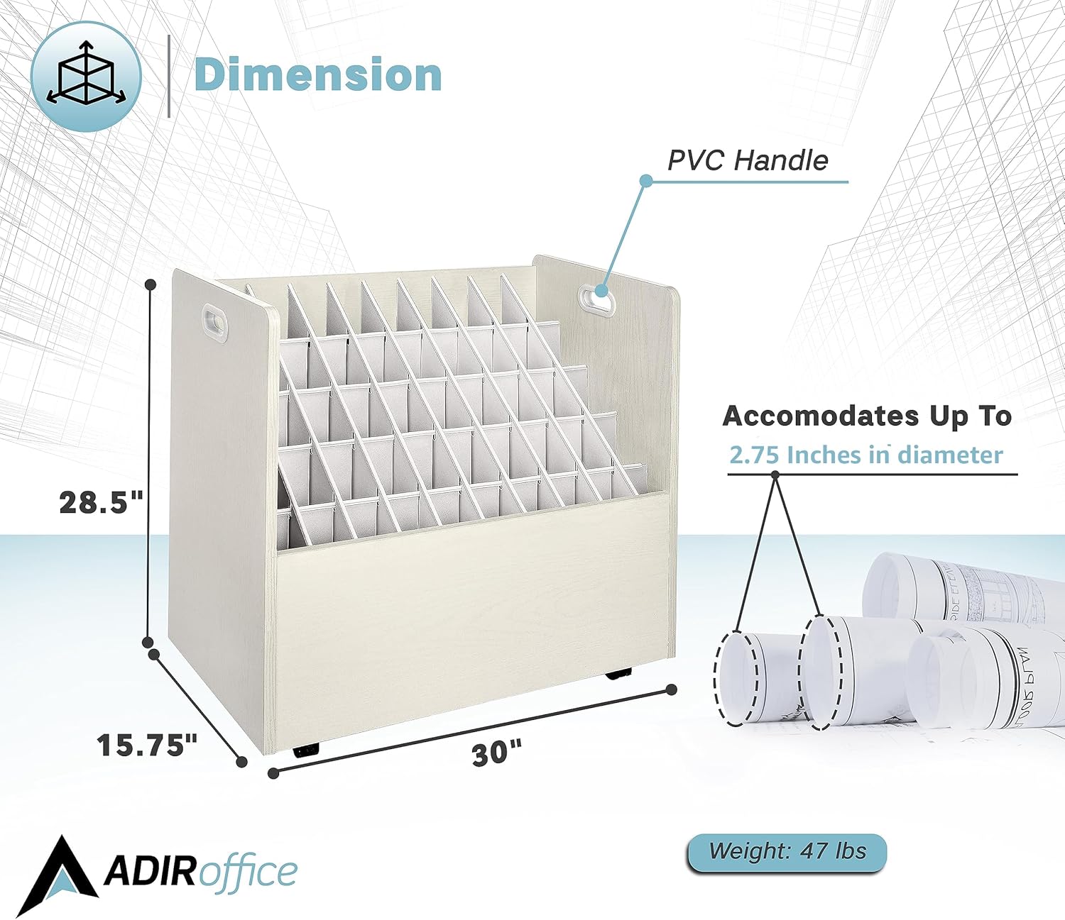 50-Slot Mobile Rolling Wood Blueprint Roll File Large Document Organizer